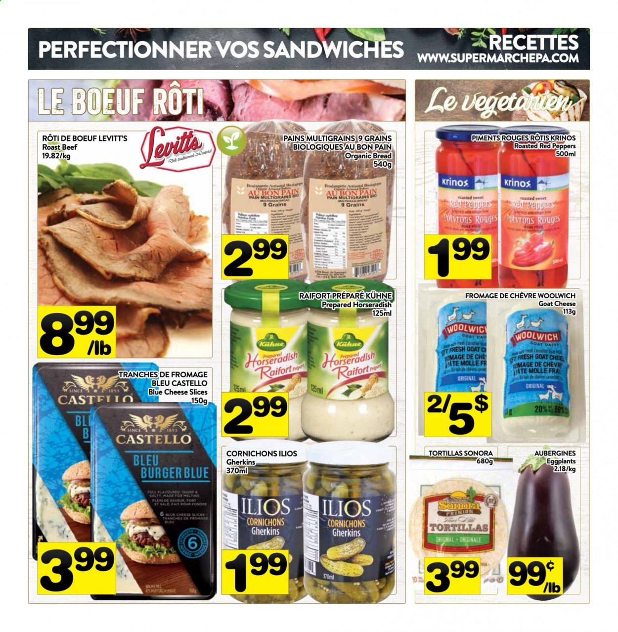 thumbnail - PA Supermarché Flyer - April 05, 2021 - April 11, 2021 - Sales products - bread, tortillas, horseradish, peppers, eggplant, red peppers, sandwich, hamburger, blue cheese, goat cheese, sliced cheese, cheese, beef meat, roast beef. Page 2.