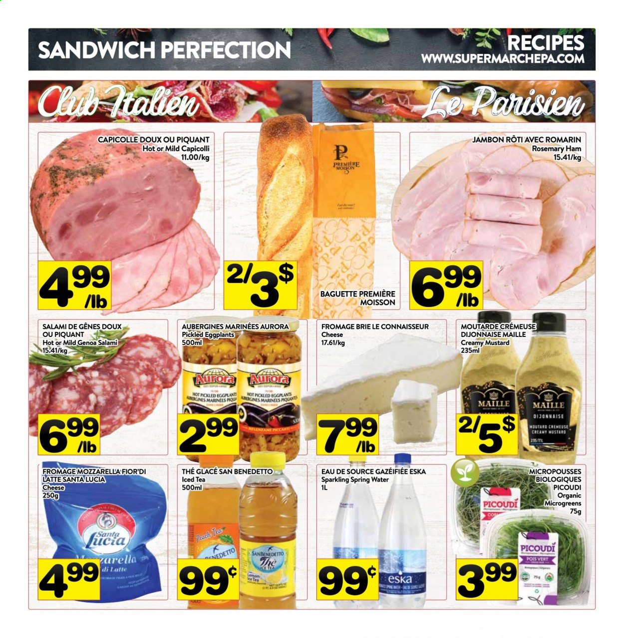 thumbnail - PA Supermarché Flyer - April 05, 2021 - April 11, 2021 - Sales products - eggplant, sandwich, salami, ham, cheese, brie, Santa, rosemary, mustard, ice tea, spring water, mozzarella. Page 3.