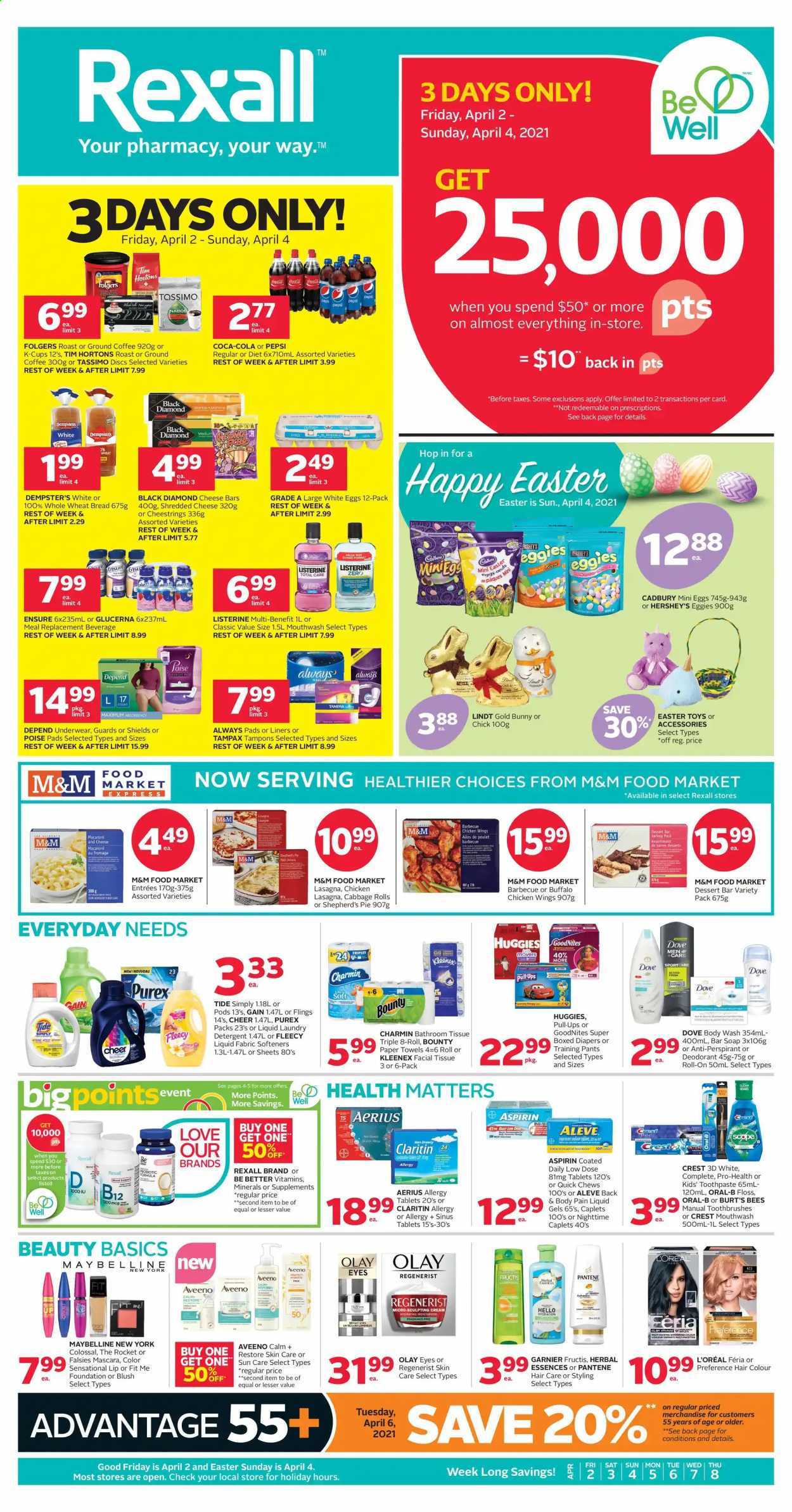 thumbnail - Rexall Flyer - April 02, 2021 - April 08, 2021 - Sales products - Bounty, chewing gum, Hershey's, Cadbury, cabbage, Coca-Cola, Pepsi, coffee, Folgers, ground coffee, coffee capsules, K-Cups, nappies, Aveeno, bath tissue, Kleenex, kitchen towels, paper towels, Charmin, Gain, Tide, laundry detergent, Purex, body wash, soap bar, soap, toothpaste, mouthwash, Crest, Always pads, sanitary pads, tampons, L’Oréal, moisturizer, Olay, hair color, Herbal Essences, Fructis, anti-perspirant, roll-on, Aleve, Glucerna, Low Dose, aspirin, Garnier, Listerine, mascara, Maybelline, Tampax, Huggies, Pantene, Oral-B, M&M's, deodorant. Page 1.