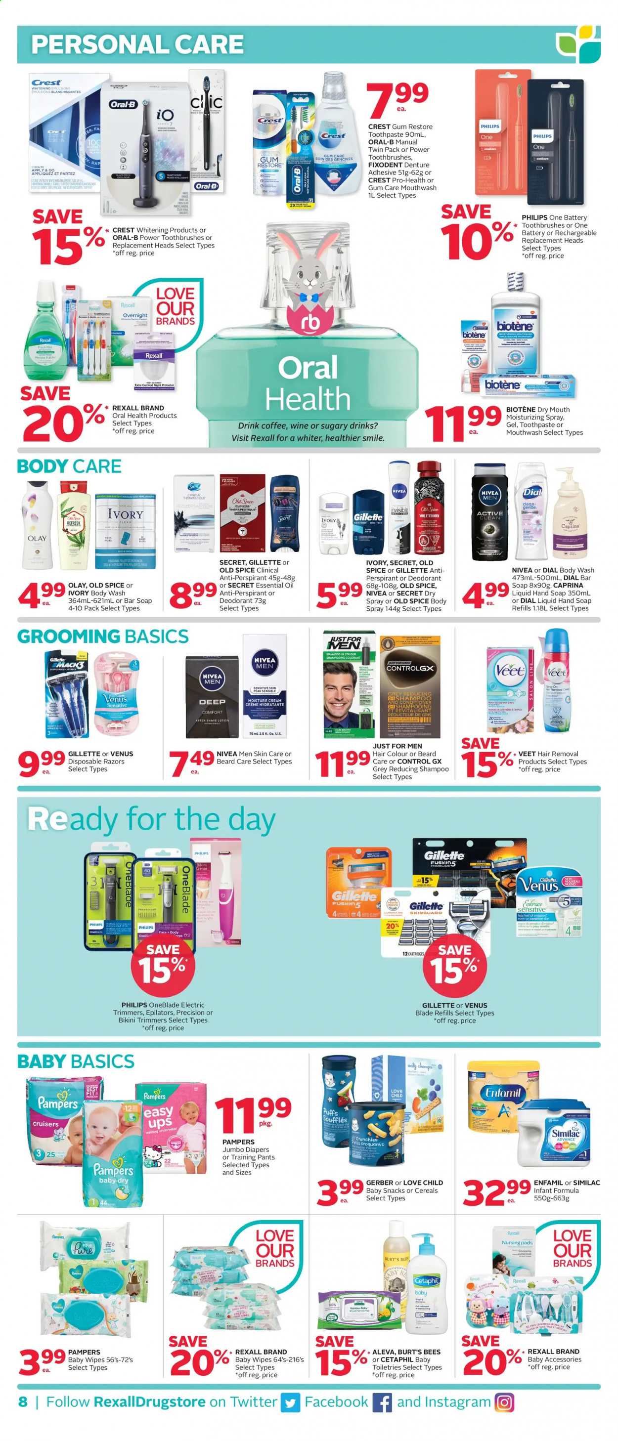 thumbnail - Rexall Flyer - April 02, 2021 - April 08, 2021 - Sales products - snack, Gerber, cereals, puffs, spice, coffee, Enfamil, Similac, wipes, pants, baby wipes, nappies, baby pants, Omo, body wash, hand soap, soap bar, Dial, soap, Biotene, toothpaste, mouthwash, Fixodent, Crest, Olay, conditioner, hair color, body lotion, body spray, after shave, anti-perspirant, Venus, hair removal, Veet, disposable razor, Gillette, shampoo, Pampers, Nivea, Old Spice, Oral-B, deodorant. Page 8.