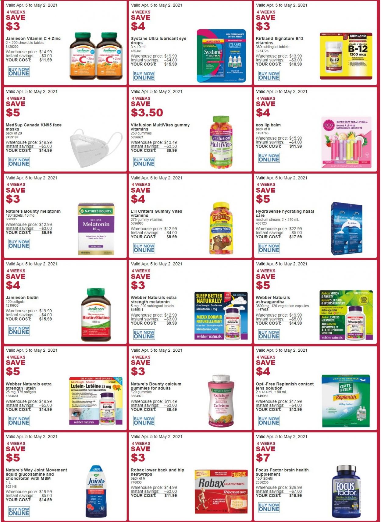 thumbnail - Costco Flyer - April 05, 2021 - May 02, 2021 - Sales products - lip balm, face mask, lubricant, lens, Biotin, glucosamine, Nature's Bounty, Thermacare, Vitafusion, vitamin c, eye drops, zinc, Systane. Page 4.