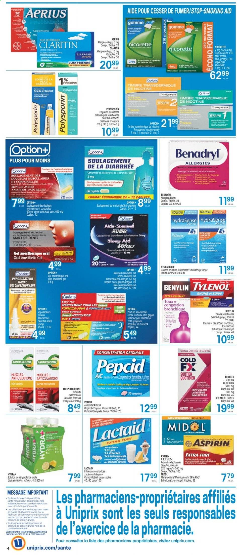 thumbnail - Uniprix Flyer - April 08, 2021 - April 14, 2021 - Sales products - Clinique, lubricant, pain relief, Lactaid, Nicorette, Tylenol, Pepcid, eye drops, Antacid, aspirin, Benylin. Page 3.