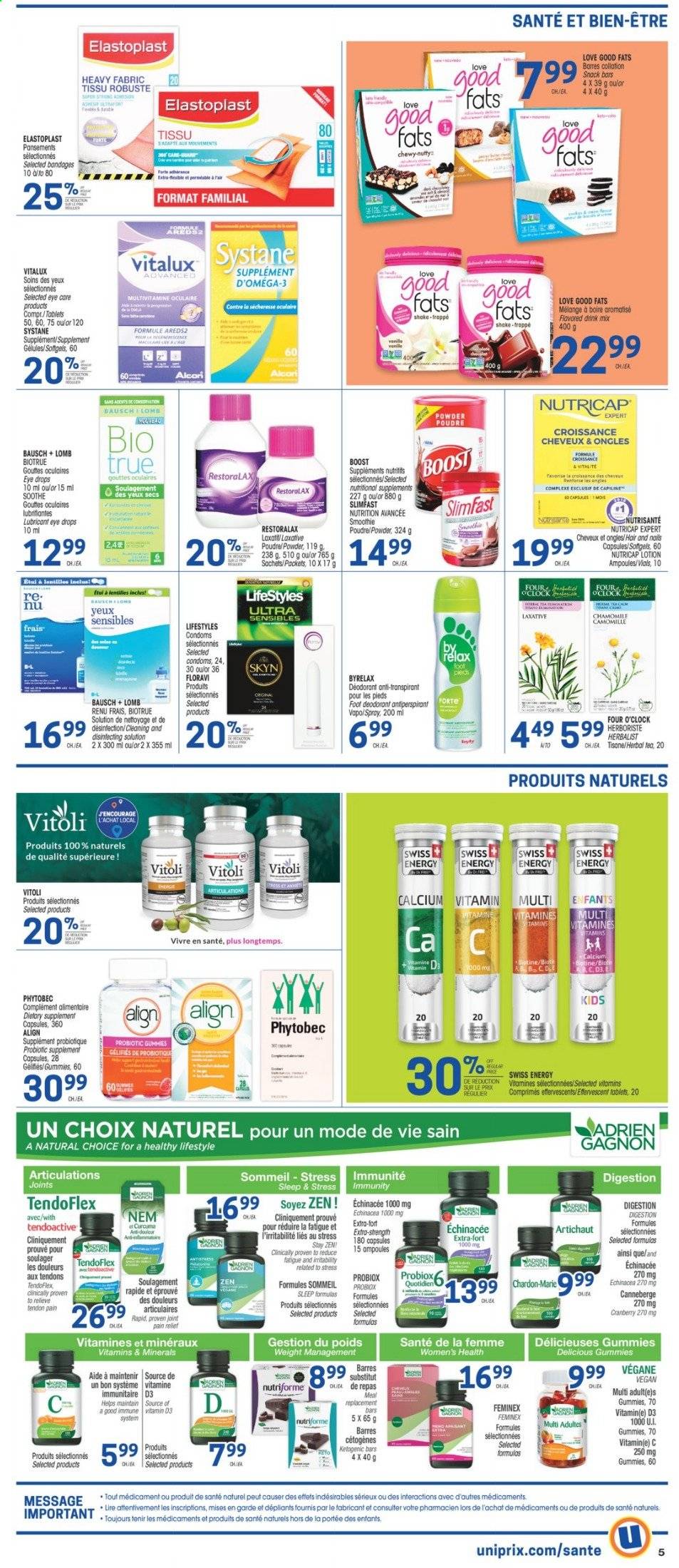 thumbnail - Uniprix Flyer - April 08, 2021 - April 14, 2021 - Sales products - snack, Slimfast, snack bar, smoothie, Boost, tea, body lotion, anti-perspirant, lubricant, Omega-3, Biotrue, eye drops, laxative, vitamin D3, Systane, deodorant. Page 4.