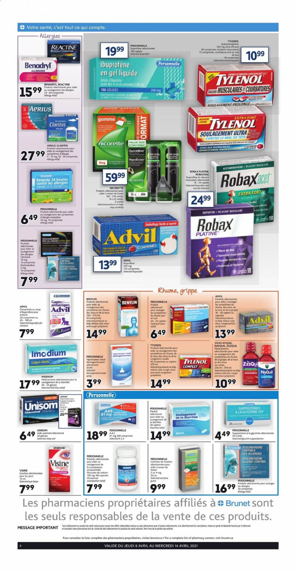 thumbnail - Brunet Flyer - April 08, 2021 - April 14, 2021 - Sales products - fabric softener, Vicks, DayQuil, Nicorette, Tylenol, Unisom, ZzzQuil, Ibuprofen, NyQuil, eye drops, Advil Rapid, Benylin, nasal spray, allergy relief. Page 2.