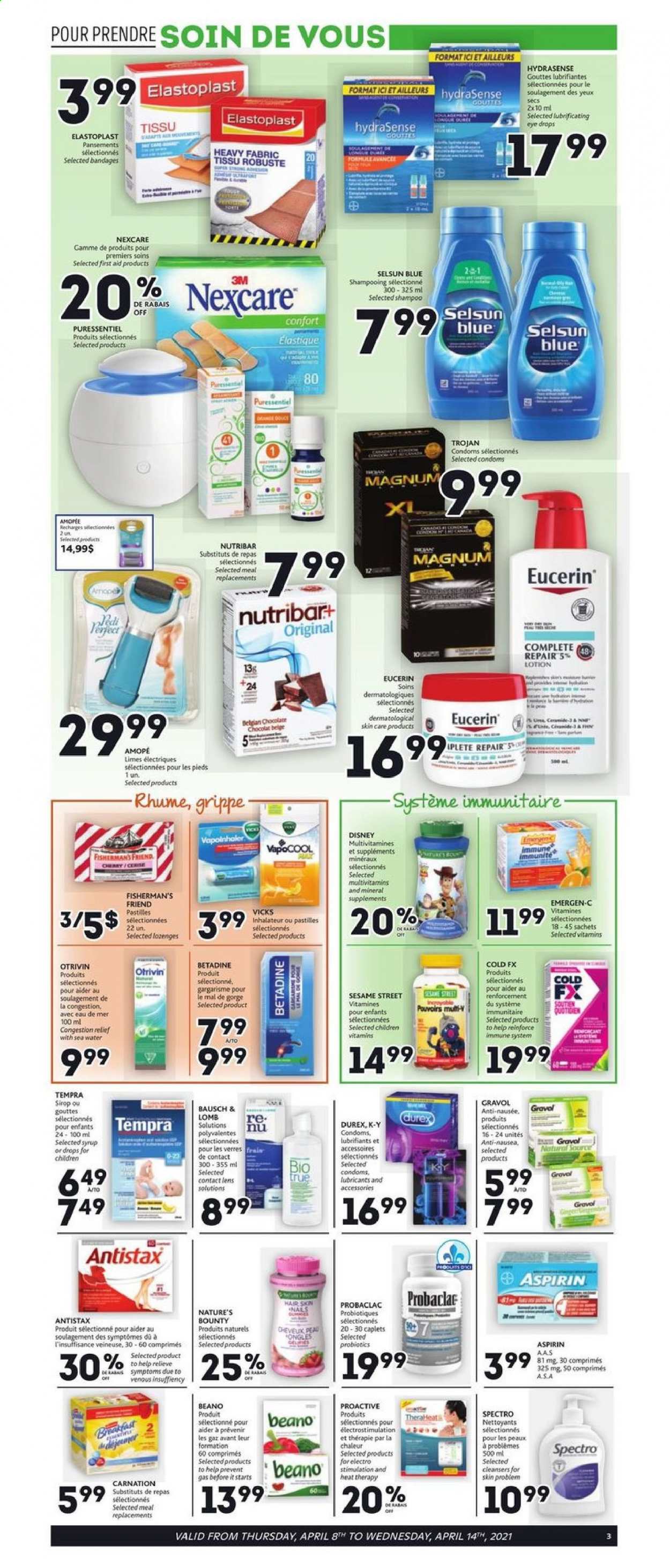 thumbnail - Brunet Flyer - April 08, 2021 - April 14, 2021 - Sales products - Disney, body lotion, Vicks, Nature's Bounty, probiotics, Biotrue, eye drops, Betadine, syrup, Emergen-C, aspirin, Eucerin. Page 3.