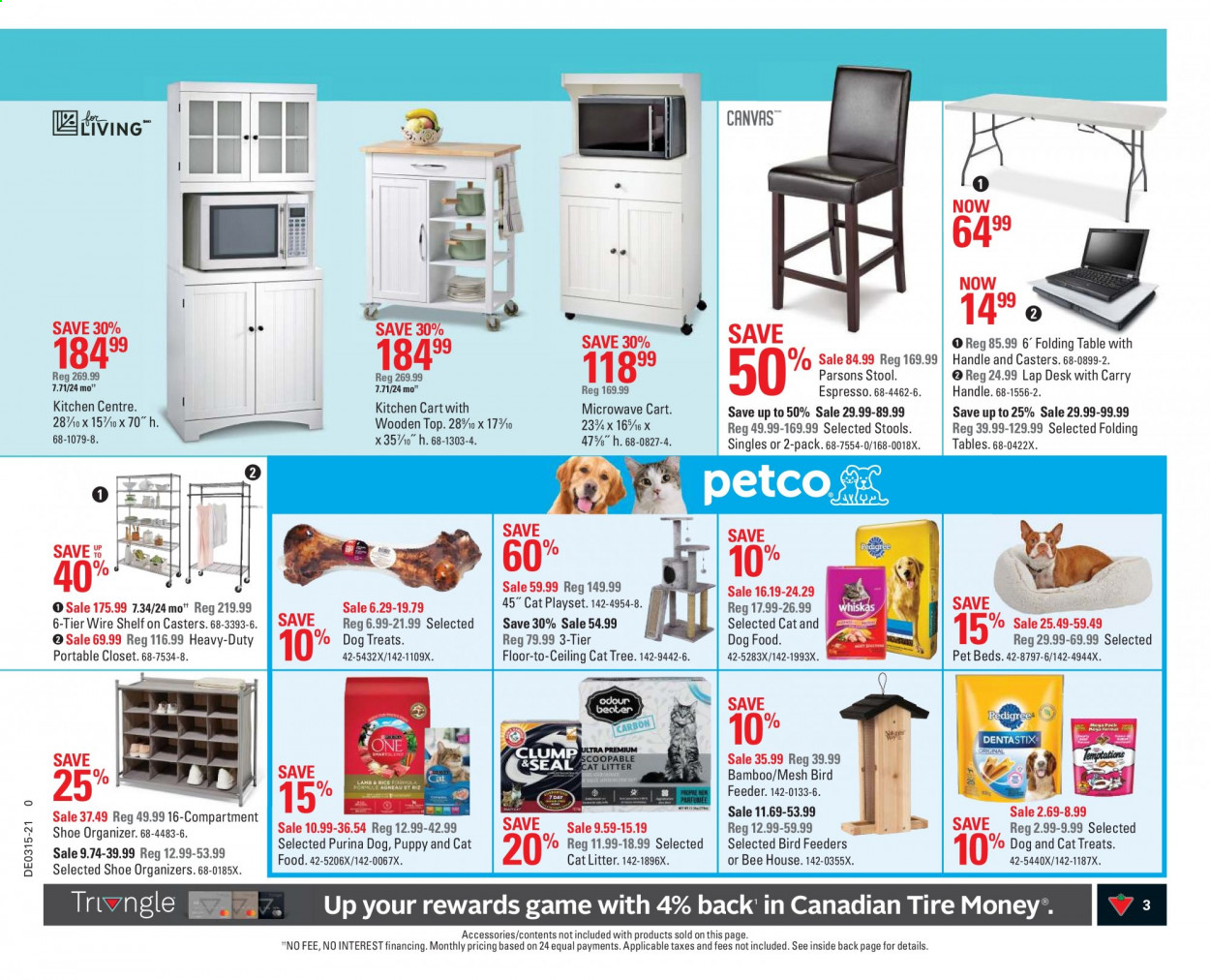 thumbnail - Canadian Tire Flyer - April 08, 2021 - April 14, 2021 - Sales products - cat litter, pet bed, cat toy, bird feeder, cat tree, animal food, cat food, dog food, Purina, microwave, kitchen cart, table, stool, bed, closet system, folding table, play set, cart. Page 3.