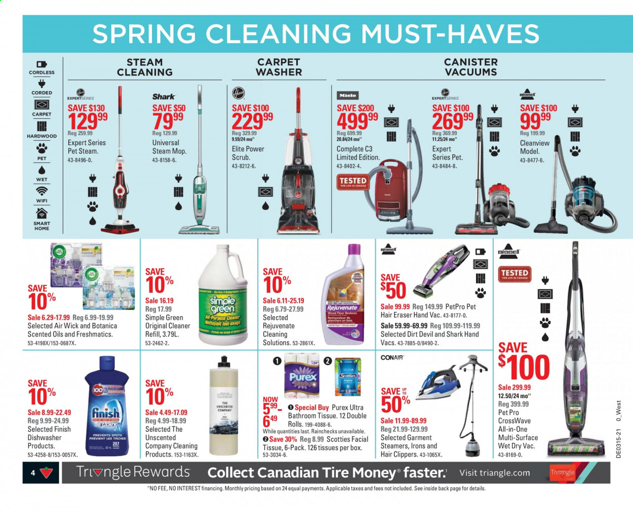 thumbnail - Canadian Tire Flyer - April 08, 2021 - April 14, 2021 - Sales products - bath tissue, cleaner, Rejuvenate, Purex, mop, canister, eraser, Air Wick, dishwasher, washing machine, steam cleaner. Page 4.