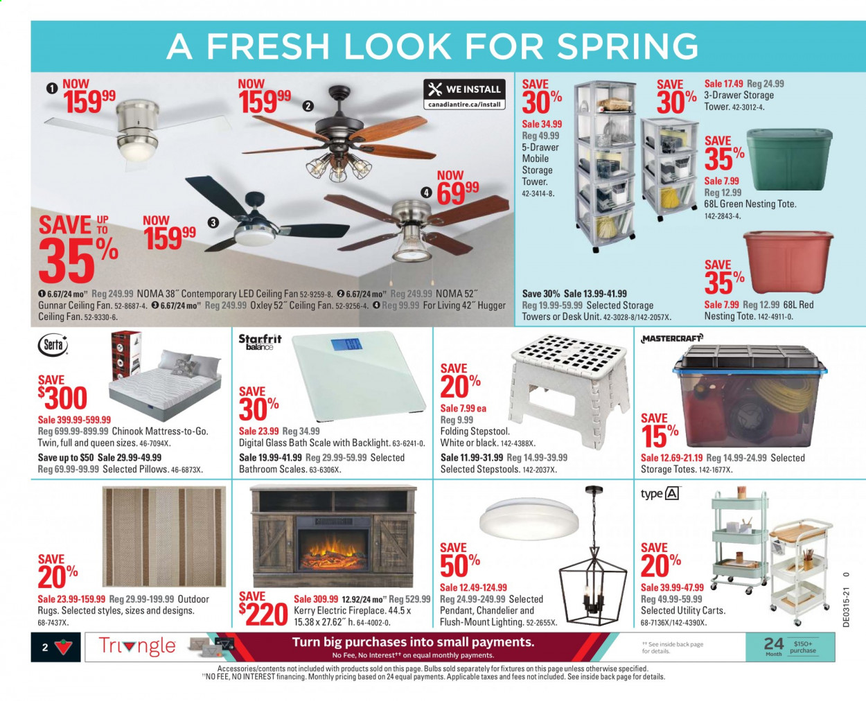 thumbnail - Canadian Tire Flyer - April 09, 2021 - April 15, 2021 - Sales products - scale, personal scale, bulb, pillow, ceiling fan, mattress, tote, chandelier, fireplace, electric fireplace, rug. Page 2.