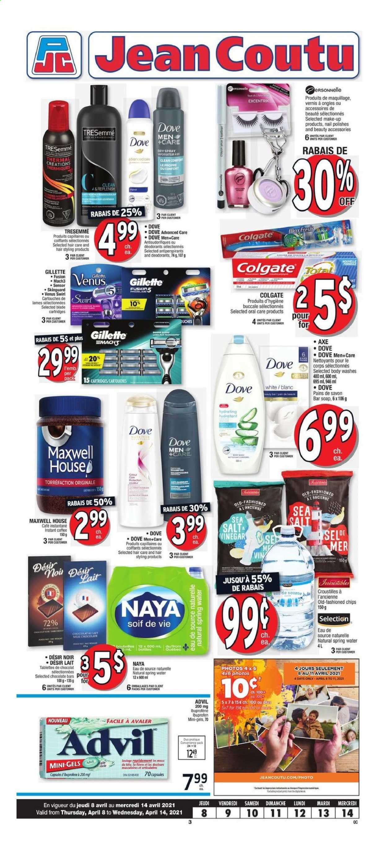 thumbnail - Jean Coutu Flyer - April 08, 2021 - April 14, 2021 - Sales products - chocolate bar, spring water, Maxwell House, instant coffee, soap bar, soap, TRESemmé, Venus, makeup, eyeliner, Ibuprofen, Advil Rapid, Gillette, chips, deodorant. Page 1.