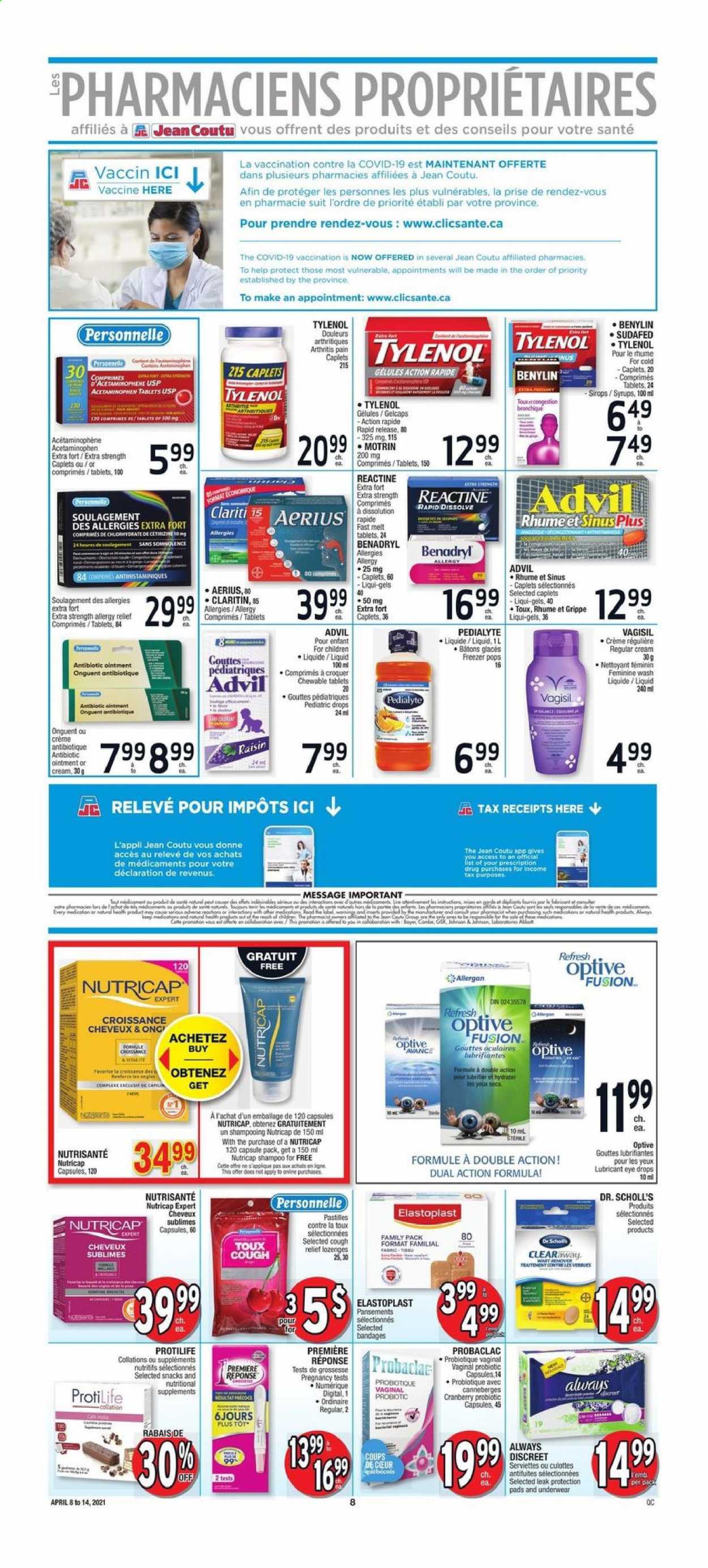 thumbnail - Jean Coutu Flyer - April 08, 2021 - April 14, 2021 - Sales products - pastilles, L'Or, ointment, Always Discreet, lubricant, Dr. Scholl's, Sudafed, Tylenol, eye drops, Advil Rapid, Benylin, allergy relief, Motrin, shampoo. Page 6.