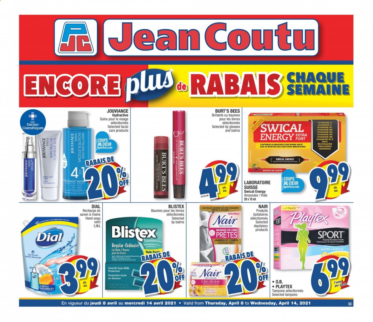 thumbnail - Jean Coutu Flyer - April 08, 2021 - April 14, 2021 - Sales products - oil, hand soap, Dial, soap, Playtex, tampons, lip balm, serum, ginseng, zinc. Page 1.