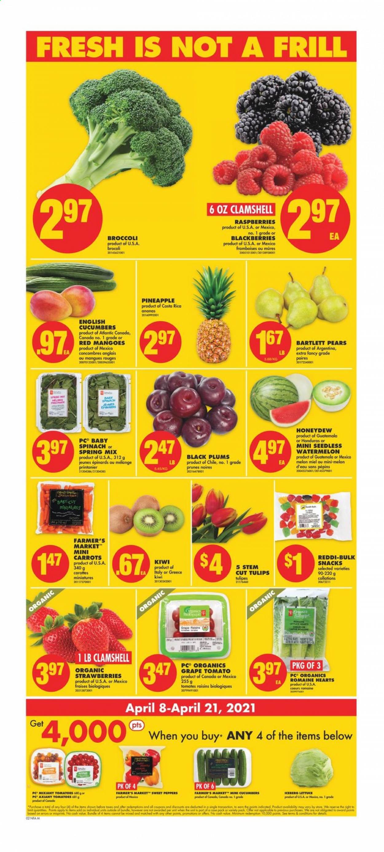 thumbnail - No Frills Flyer - April 08, 2021 - April 14, 2021 - Sales products - broccoli, carrots, cucumber, sweet peppers, tomatoes, lettuce, peppers, Bartlett pears, strawberries, watermelon, honeydew, pineapple, plums, pears, melons, black plums, snack, prunes, dried fruit, kiwi, raisins. Page 3.