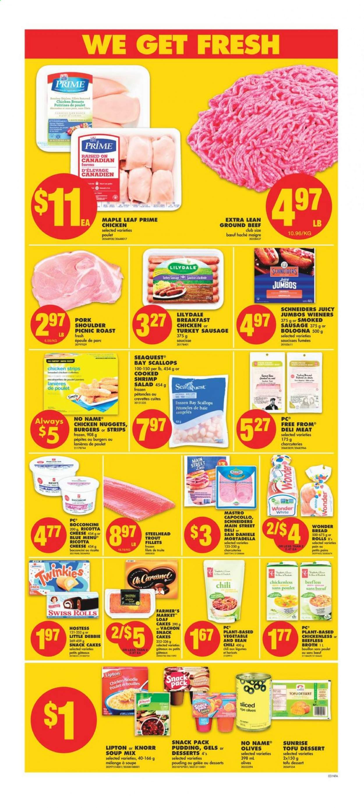 thumbnail - No Frills Flyer - April 08, 2021 - April 14, 2021 - Sales products - bread, cake, salad, scallops, trout, shrimps, No Name, soup mix, soup, nuggets, hamburger, chicken nuggets, noodles, mortadella, sausage, smoked sausage, bocconcini, cheese, tofu, pudding, strips, chicken strips, bouillon, broth, caramel, chicken breasts, beef meat, ground beef, pork meat, pork shoulder, Knorr, ricotta, olives. Page 4.