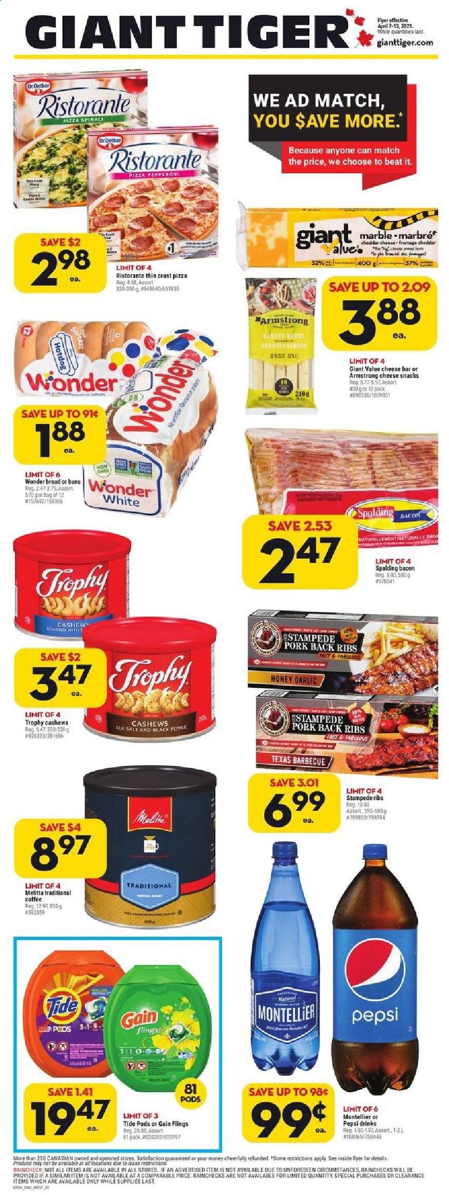 thumbnail - Giant Tiger Flyer - April 07, 2021 - April 13, 2021 - Sales products - bread, buns, garlic, pizza, bacon, pepperoni, cheddar, snack, salt, honey, cashews, Pepsi, coffee, pork meat, pork ribs, pork back ribs, Gain, Tide, Spalding, trophy cup. Page 1.
