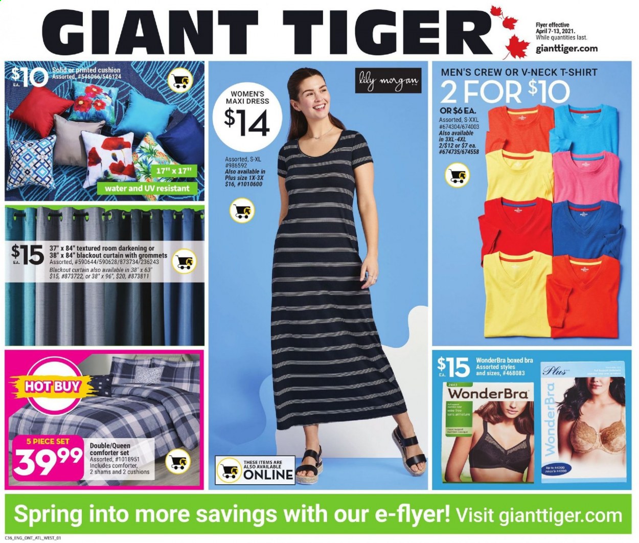 thumbnail - Giant Tiger Flyer - April 07, 2021 - April 13, 2021 - Sales products - cushion, comforter, blackout curtain, curtain, dress, t-shirt, bra, blackout. Page 1.