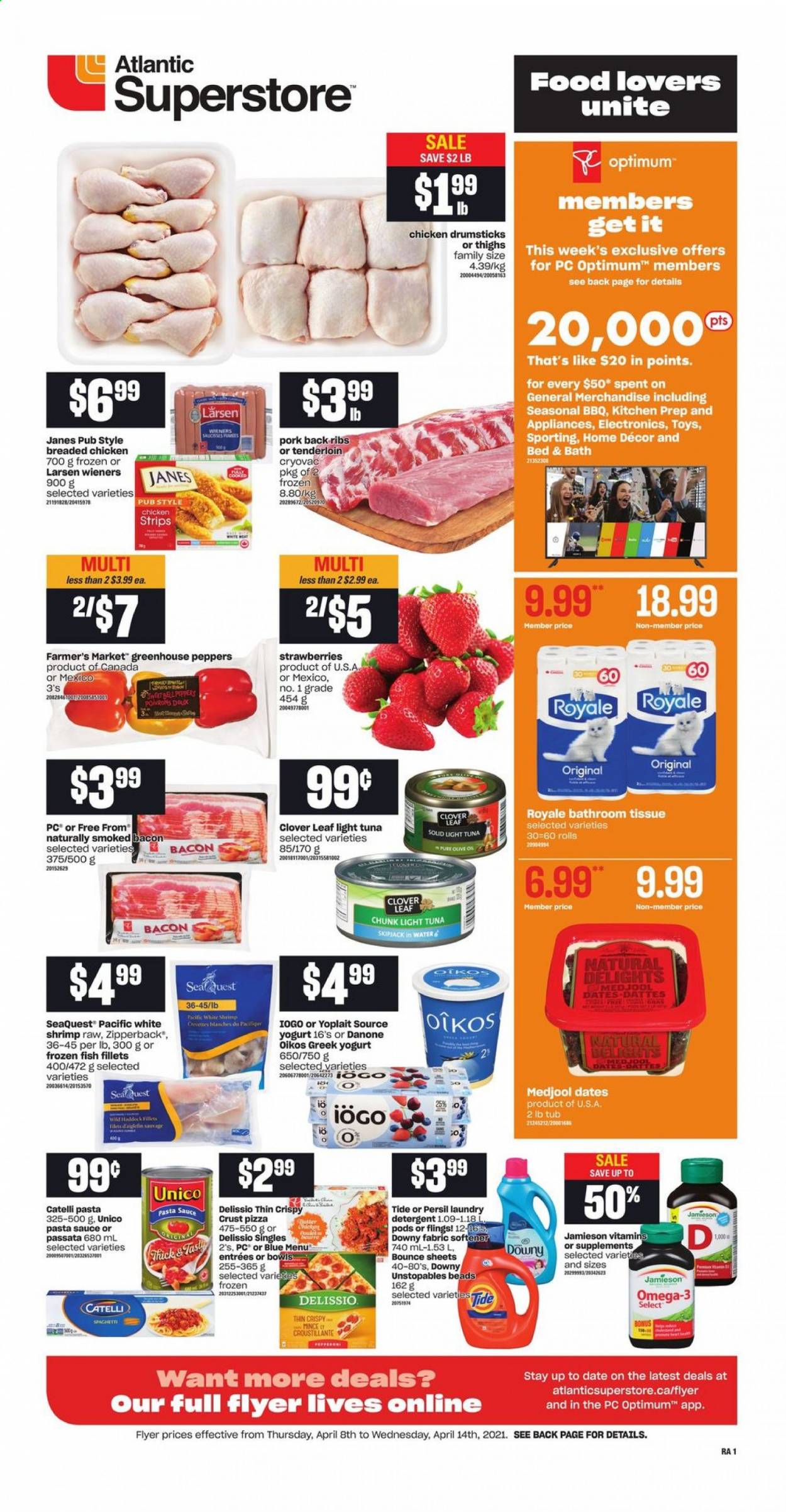 thumbnail - Atlantic Superstore Flyer - April 08, 2021 - April 14, 2021 - Sales products - peppers, strawberries, fish fillets, tuna, fish, shrimps, spaghetti, pizza, pasta sauce, fried chicken, bacon, greek yoghurt, yoghurt, Clover, Oikos, Yoplait, strips, chicken strips, light tuna, pepper, dried dates, chicken drumsticks, chicken, pork meat, pork ribs, pork back ribs, bath tissue, Tide, Unstopables, Persil, fabric softener, laundry detergent, Bounce, Downy Laundry, Optimum, Omega-3, Danone. Page 1.