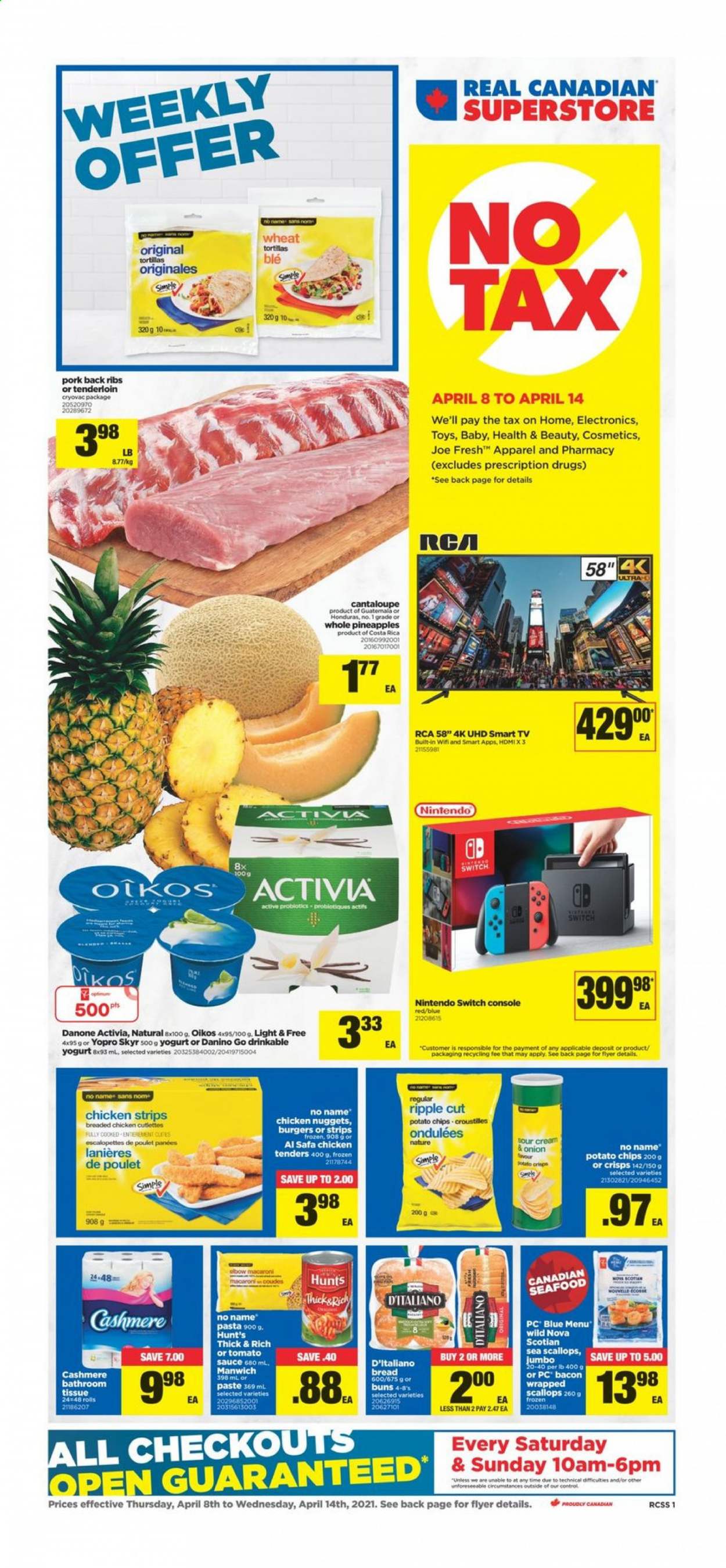 thumbnail - Real Canadian Superstore Flyer - April 08, 2021 - April 14, 2021 - Sales products - Nintendo Switch, bread, tortillas, buns, cantaloupe, pineapple, scallops, seafood, No Name, chicken tenders, macaroni, nuggets, hamburger, pasta, sauce, fried chicken, chicken nuggets, bacon, yoghurt, Activia, Oikos, strips, chicken strips, potato chips, tomato sauce, Manwich, pork meat, pork ribs, pork back ribs, tissues, RCA, UHD TV, TV, toys, probiotics, Danone, smart tv. Page 1.