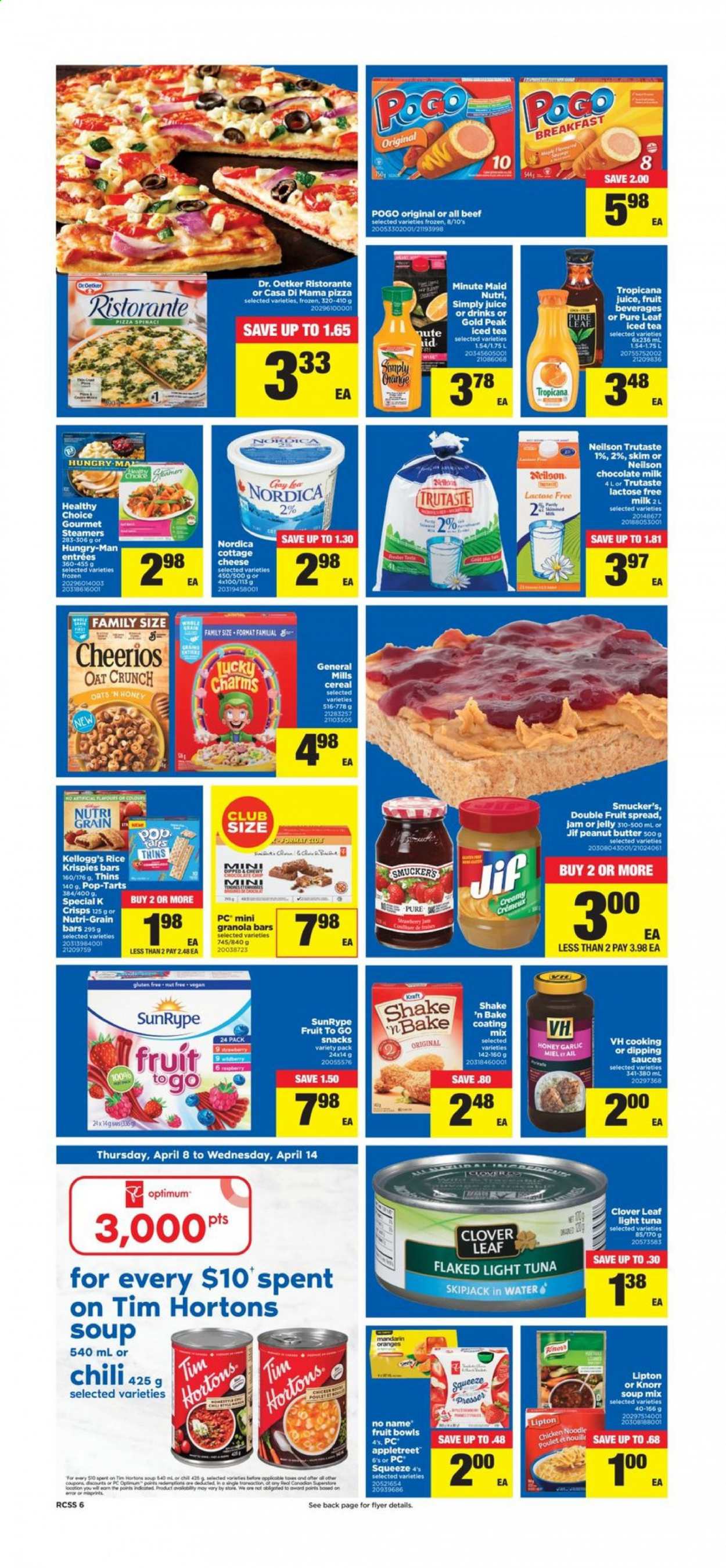 thumbnail - Real Canadian Superstore Flyer - April 08, 2021 - April 14, 2021 - Sales products - garlic, mandarines, tuna, No Name, pizza, soup mix, soup, noodles, Healthy Choice, Kraft®, cottage cheese, Dr. Oetker, Clover, milk, lactose free milk, shake, milk chocolate, chocolate chips, snack, jelly, Kellogg's, Pop-Tarts, Thins, flour, oats, light tuna, cereals, Cheerios, granola bar, Rice Krispies, Nutri-Grain, honey, fruit jam, peanut butter, Jif, juice, ice tea, fruit punch, Pure Leaf, L'Or, Optimum, Knorr. Page 6.