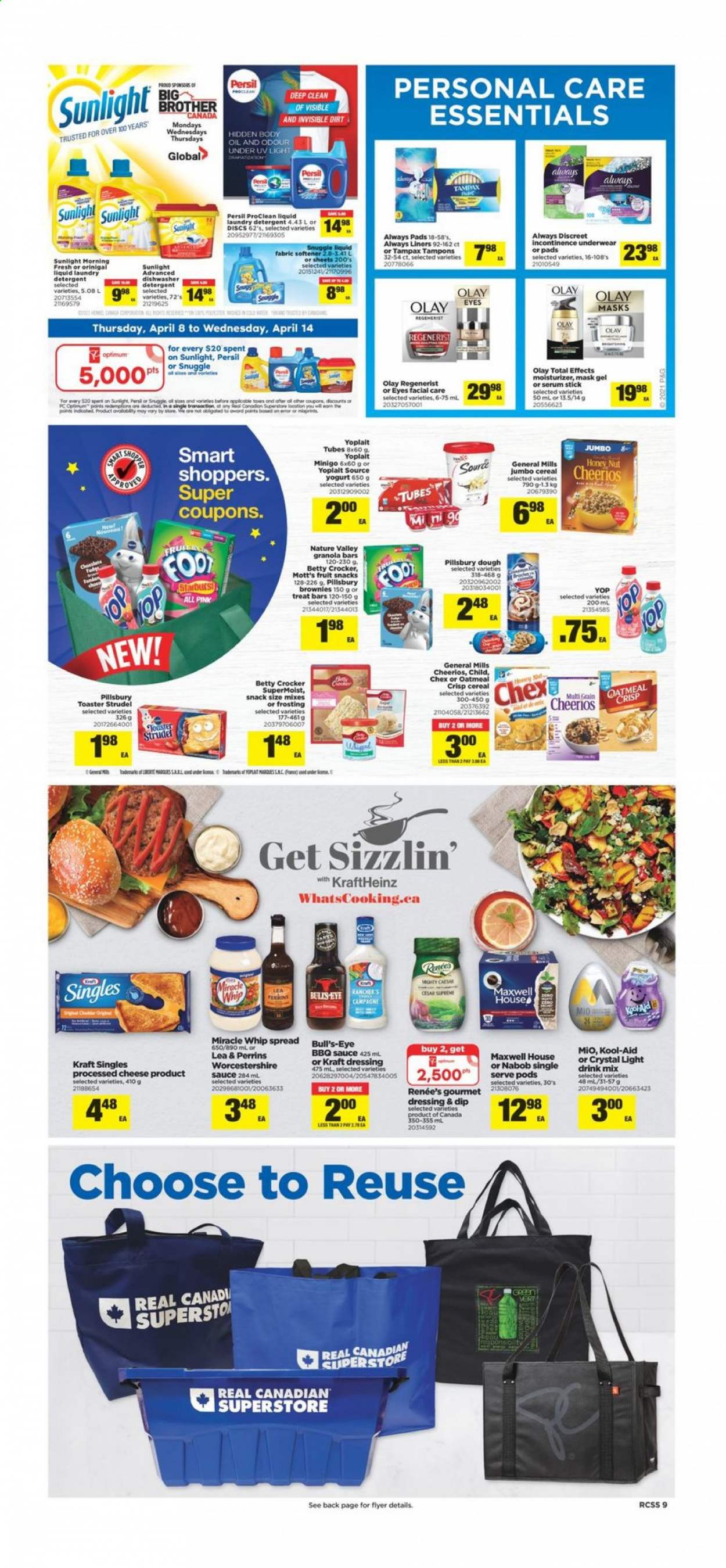 thumbnail - Real Canadian Superstore Flyer - April 08, 2021 - April 14, 2021 - Sales products - strudel, brownies, Mott's, sauce, Pillsbury, Kraft®, sandwich slices, Kraft Singles, yoghurt, Yoplait, Miracle Whip, dip, fudge, fruit snack, Starburst, frosting, oatmeal, oats, cereals, Cheerios, granola bar, Nature Valley, BBQ sauce, worcestershire sauce, dressing, Maxwell House, Always liners, Snuggle, Persil, fabric softener, laundry detergent, Sunlight, Always pads, Always Discreet, incontinence underwear, tampons, moisturizer, serum, Olay, body oil, Optimum, Tampax. Page 9.