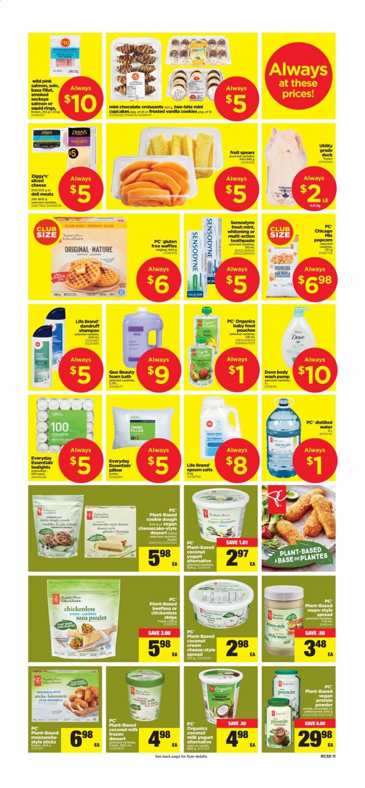 thumbnail - Real Canadian Superstore Flyer - April 08, 2021 - April 14, 2021 - Sales products - croissant, cupcake, cheesecake, waffles, salmon, squid, squid rings, cream cheese, sliced cheese, cheese, yoghurt, mayonnaise, strips, cookie dough, cookies, chocolate, coconut milk, body wash, bath foam, toothpaste, pillow, pump, whey protein, mozzarella, shampoo, Sensodyne. Page 11.