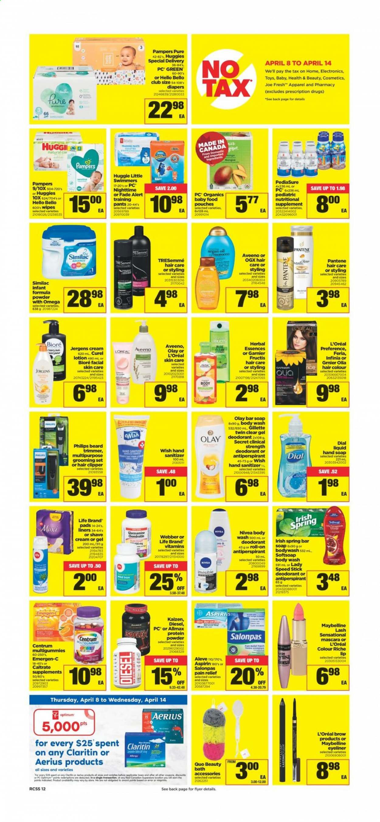 thumbnail - Circulaire Real Canadian Superstore - 08 Avril 2021 - 14 Avril 2021 - Produits soldés - Philips, pain, mangue, déodorant, Fructis, Garnier, Gillette, Huggies, Maybelline, Nivea, Pampers, Pantene, roll-on, mascara. Page 12.
