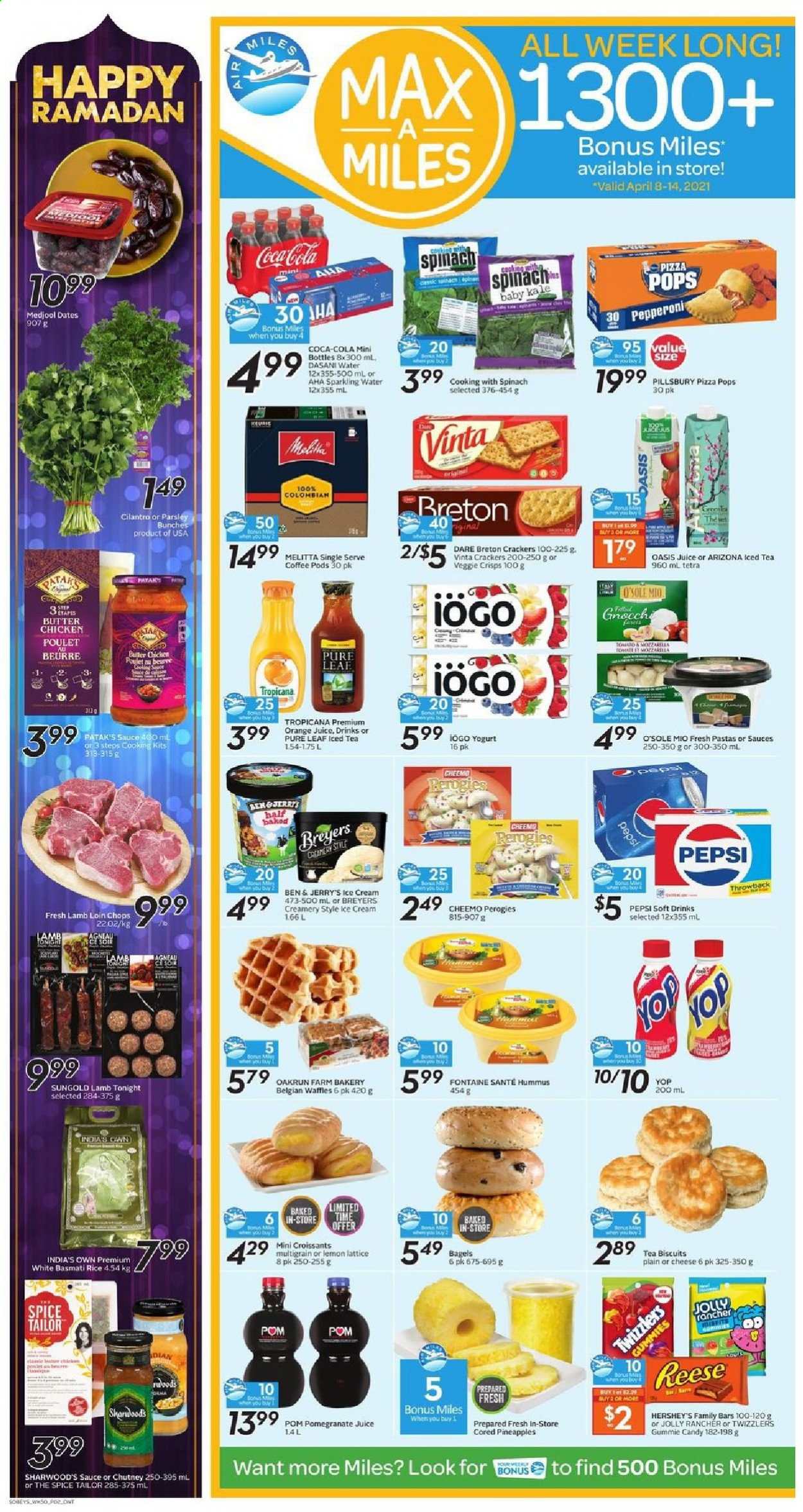thumbnail - Sobeys Flyer - April 08, 2021 - April 14, 2021 - Sales products - bagels, croissant, waffles, kale, parsley, pineapple, pomegranate, pizza, Pillsbury, pepperoni, hummus, yoghurt, ice cream, Hershey's, Ben & Jerry's, crackers, biscuit, basmati rice, rice, cilantro, spice, chutney, dried dates, Coca-Cola, Pepsi, orange juice, juice, ice tea, soft drink, AriZona, sparkling water, Pure Leaf, coffee pods, lamb loin, lamb meat. Page 2.