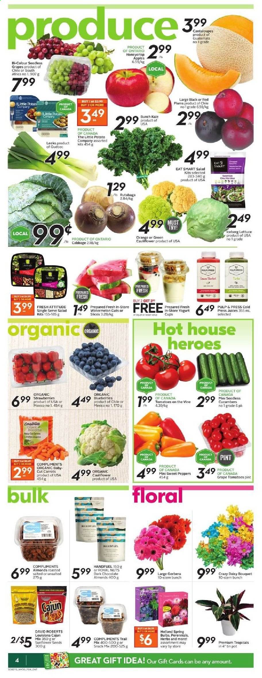 thumbnail - Sobeys Flyer - April 08, 2021 - April 14, 2021 - Sales products - cabbage, cantaloupe, carrots, cauliflower, cucumber, sweet peppers, tomatoes, kale, lettuce, salad, rutabaga, peppers, apples, seedless grapes, strawberries, watermelon, plums, red plums, sherbet, chocolate, dark chocolate, sunflower seeds, trail mix, juice. Page 4.