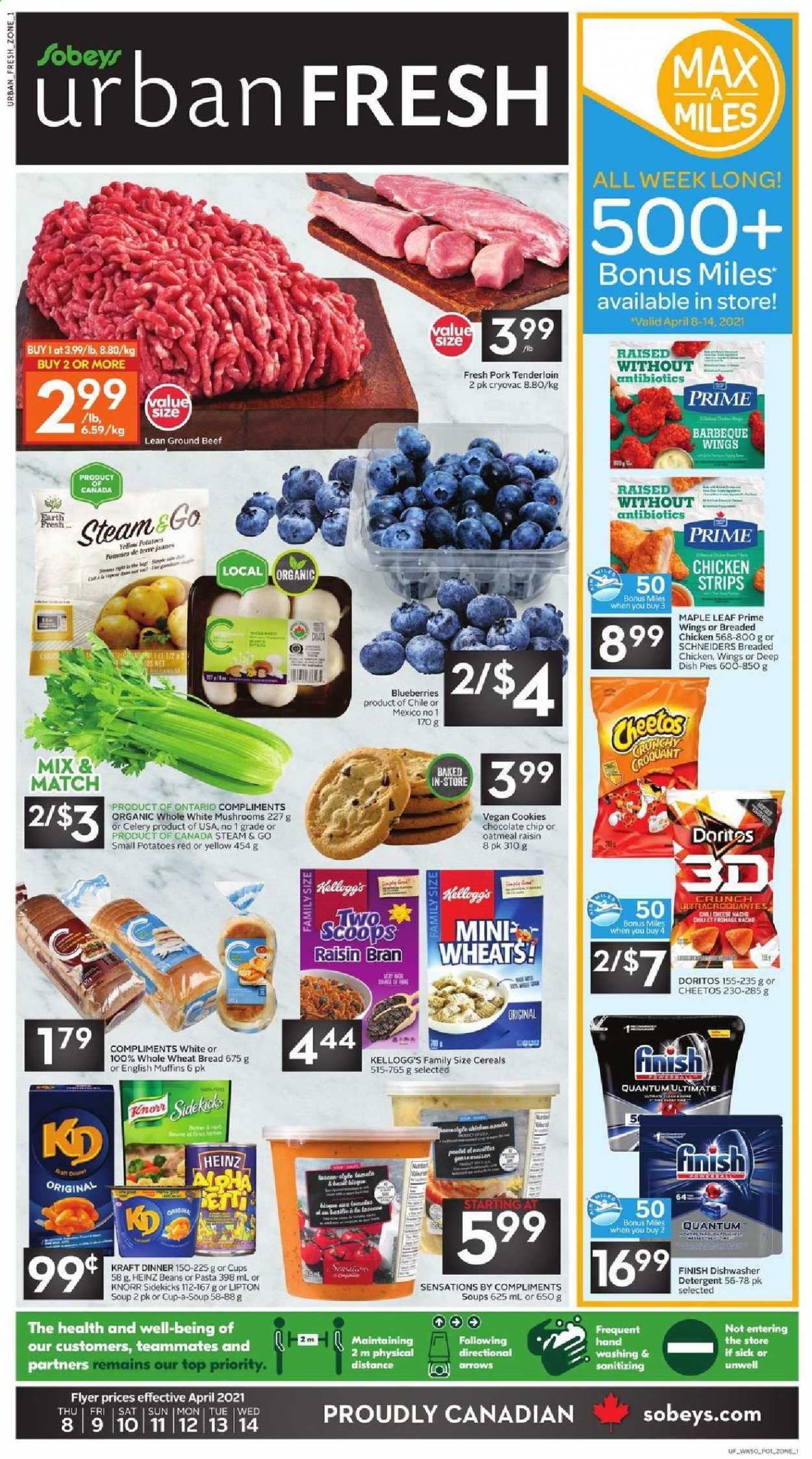 thumbnail - Sobeys Urban Fresh Flyer - April 08, 2021 - April 14, 2021 - Sales products - mushrooms, english muffins, wheat bread, beans, potatoes, blueberries, soup, fried chicken, Kraft®, cheese, strips, cookies, Kellogg's, Doritos, Cheetos, oatmeal, Heinz, Raisin Bran, beef meat, ground beef, pork meat, pork tenderloin, Finish Powerball, Finish Quantum Ultimate, Knorr. Page 1.