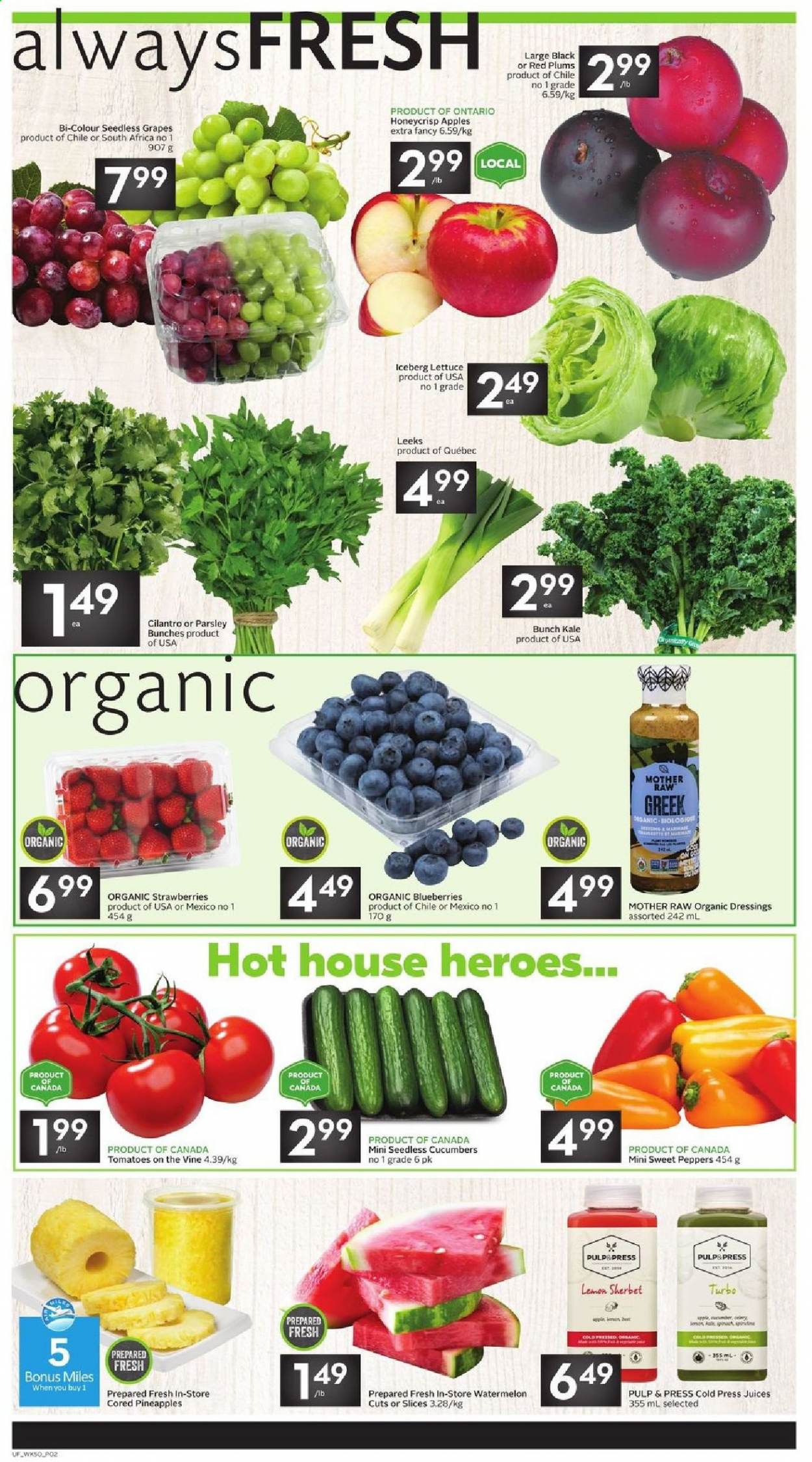 thumbnail - Sobeys Urban Fresh Flyer - April 08, 2021 - April 14, 2021 - Sales products - cucumber, sweet peppers, tomatoes, kale, parsley, lettuce, peppers, apples, grapes, strawberries, watermelon, pineapple, plums, red plums, sherbet, cilantro, juice. Page 2.