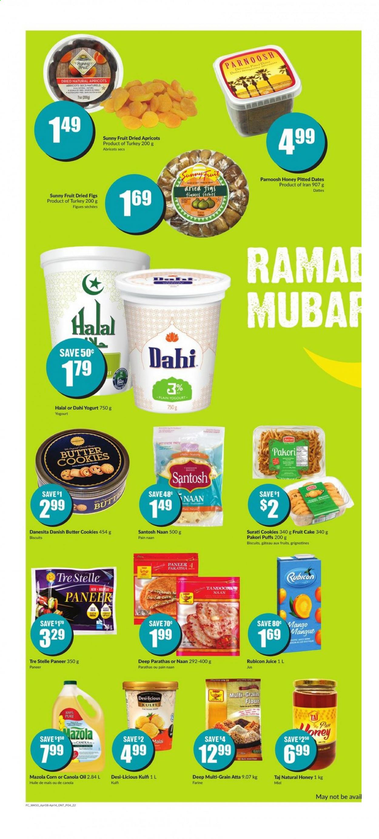 thumbnail - FreshCo. Flyer - April 08, 2021 - April 14, 2021 - Sales products - cake, puffs, figs, apricots, paneer, yoghurt, cookies, butter cookies, biscuit, flour, canola oil, oil, honey, dried fruit, dried dates, dried figs, Sunny Fruit, juice. Page 4.