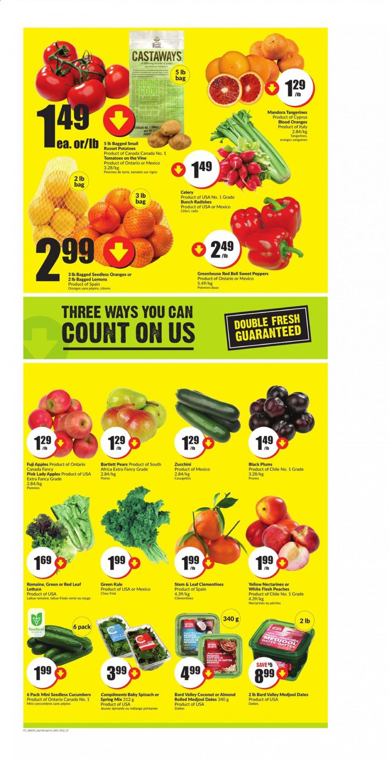 thumbnail - Chalo! FreshCo. Flyer - April 08, 2021 - April 14, 2021 - Sales products - celery, cucumber, radishes, russet potatoes, sweet peppers, tomatoes, zucchini, kale, potatoes, lettuce, peppers, apples, Bartlett pears, clementines, nectarines, tangerines, plums, pears, Fuji apple, coconut, lemons, black plums, peaches, Pink Lady, prunes, dried fruit, dried dates, tea. Page 2.