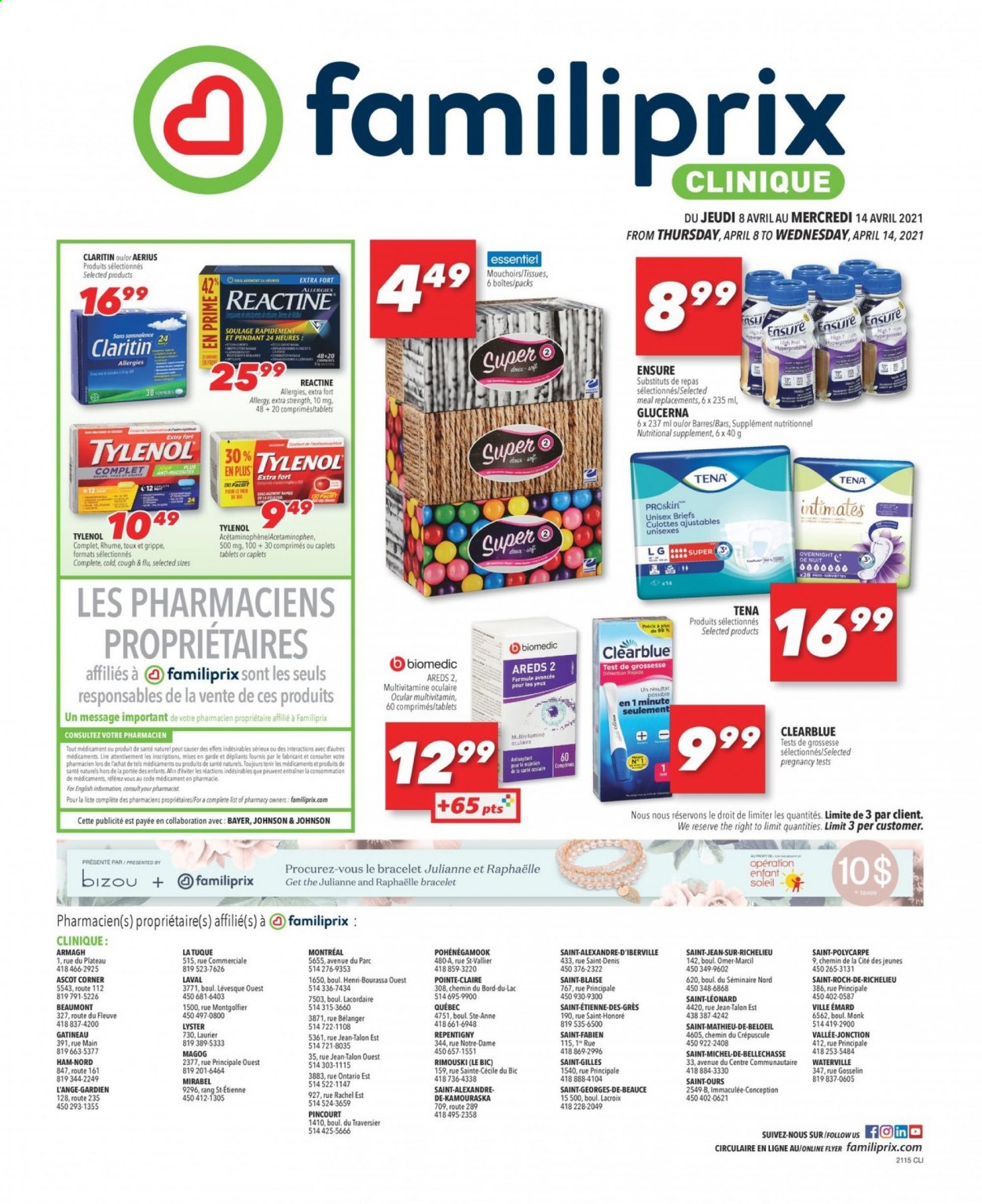 thumbnail - Familiprix Clinique Flyer - April 08, 2021 - April 14, 2021 - Sales products - Johnson's, tissues, Clinique, BIC, multivitamin, Tylenol, Glucerna, nutritional supplement, Bayer. Page 1.