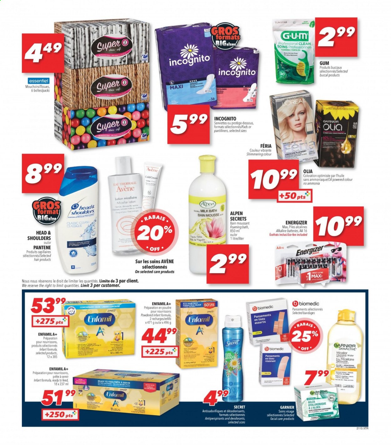 thumbnail - Familiprix Flyer - April 08, 2021 - April 14, 2021 - Sales products - oil, tissues, DAC, pantiliners, L’Oréal, body lotion, Absolute, Garnier, Head & Shoulders, Pantene, deodorant. Page 3.