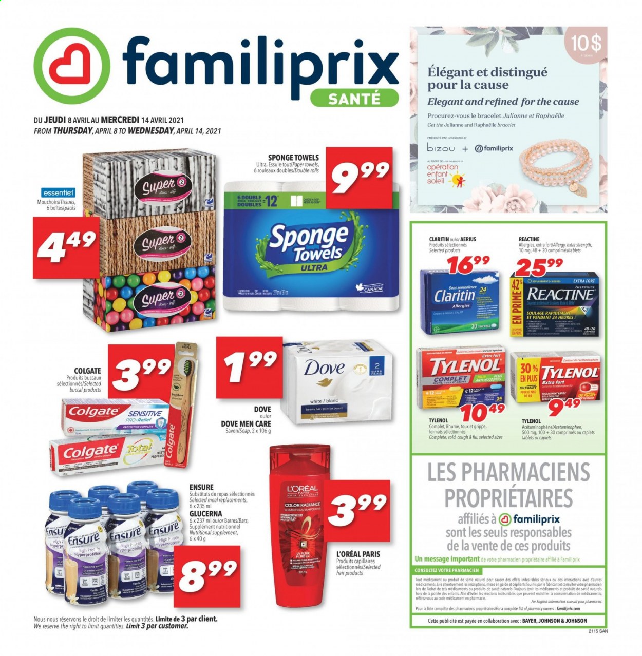 thumbnail - Familiprix Santé Flyer - April 08, 2021 - April 14, 2021 - Sales products - Johnson's, tissues, kitchen towels, paper towels, soap, L’Oréal, Tylenol, Glucerna, nutritional supplement, Bayer, shampoo. Page 1.