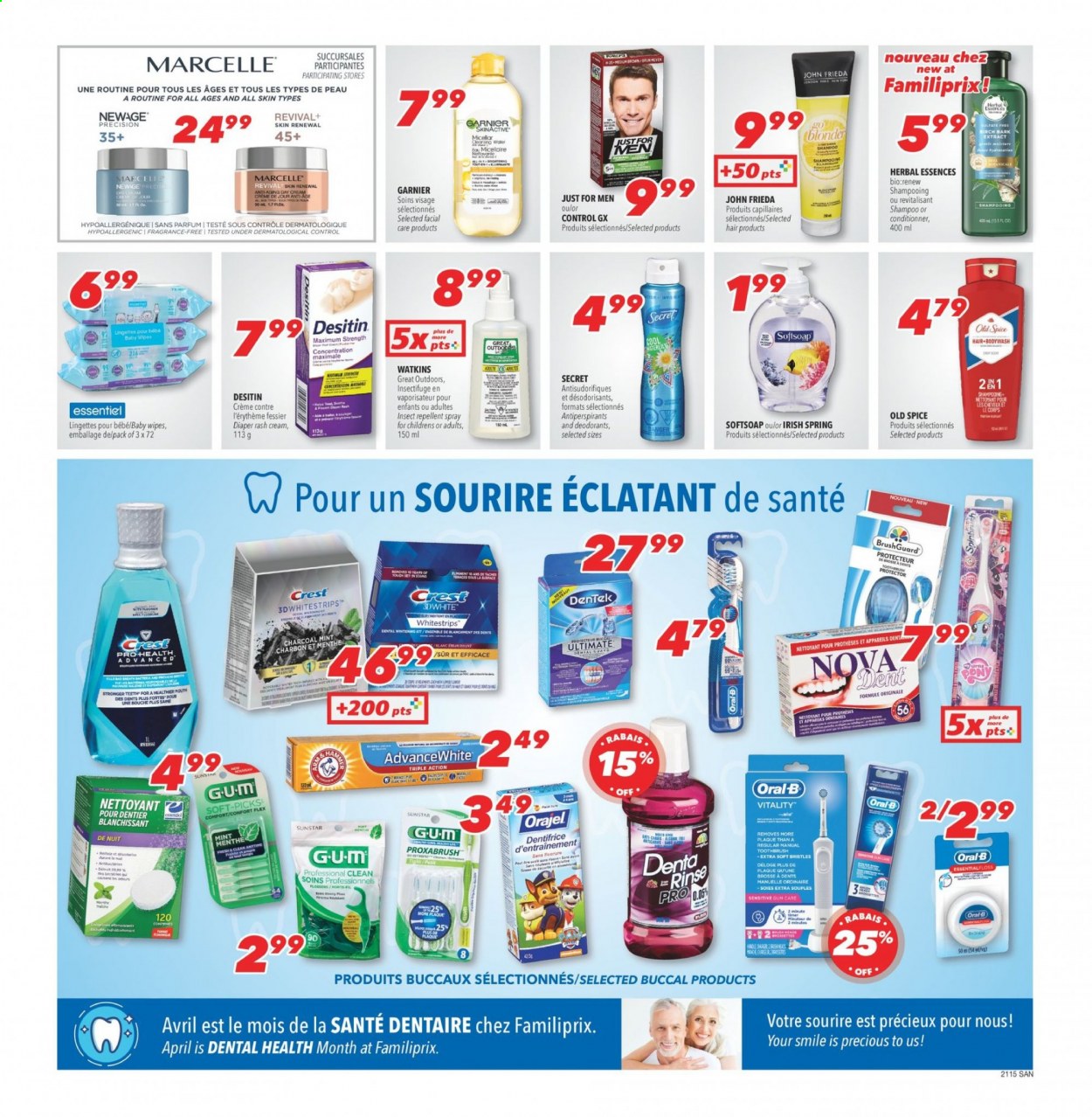 thumbnail - Familiprix Santé Flyer - April 08, 2021 - April 14, 2021 - Sales products - spice, wipes, baby wipes, Softsoap, toothbrush, Crest, day cream, Herbal Essences, John Frieda, fragrance, repellent, Desitin, Garnier, shampoo, Old Spice, Oral-B, deodorant. Page 3.