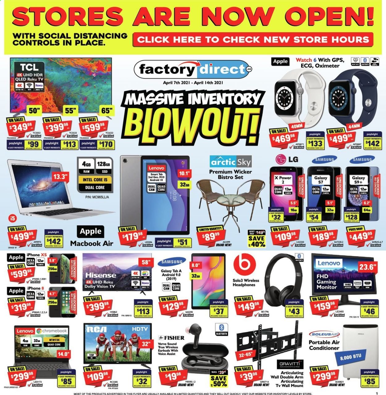 thumbnail - Factory Direct Flyer - April 07, 2021 - April 14, 2021 - Sales products - Intel, Apple, Samsung Galaxy, Samsung Galaxy Tab, pin, Samsung, iPhone, chromebook, MacBook, MacBook Air, RCA, roku tv, UHD TV, ultra hd, HDTV, TV, wireless headphones, headphones, earbuds, tv wall mount, air conditioner, portable air conditioner, Lenovo, LG, monitor, TCL, Hisense. Page 1.