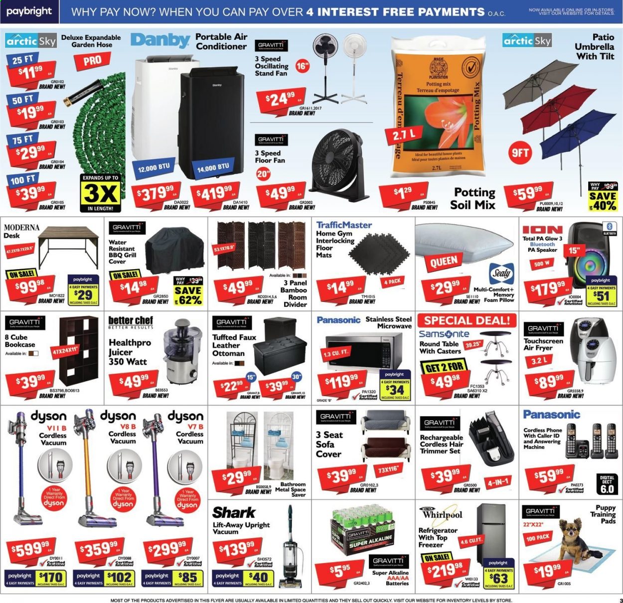 thumbnail - Factory Direct Flyer - April 07, 2021 - April 14, 2021 - Sales products - pillow, foam pillow, phone, speaker, Whirlpool, Danby, freezer, refrigerator, microwave, air conditioner, portable air conditioner, stand fan, air fryer, juicer, trimmer, table, Panasonic, Dyson. Page 3.