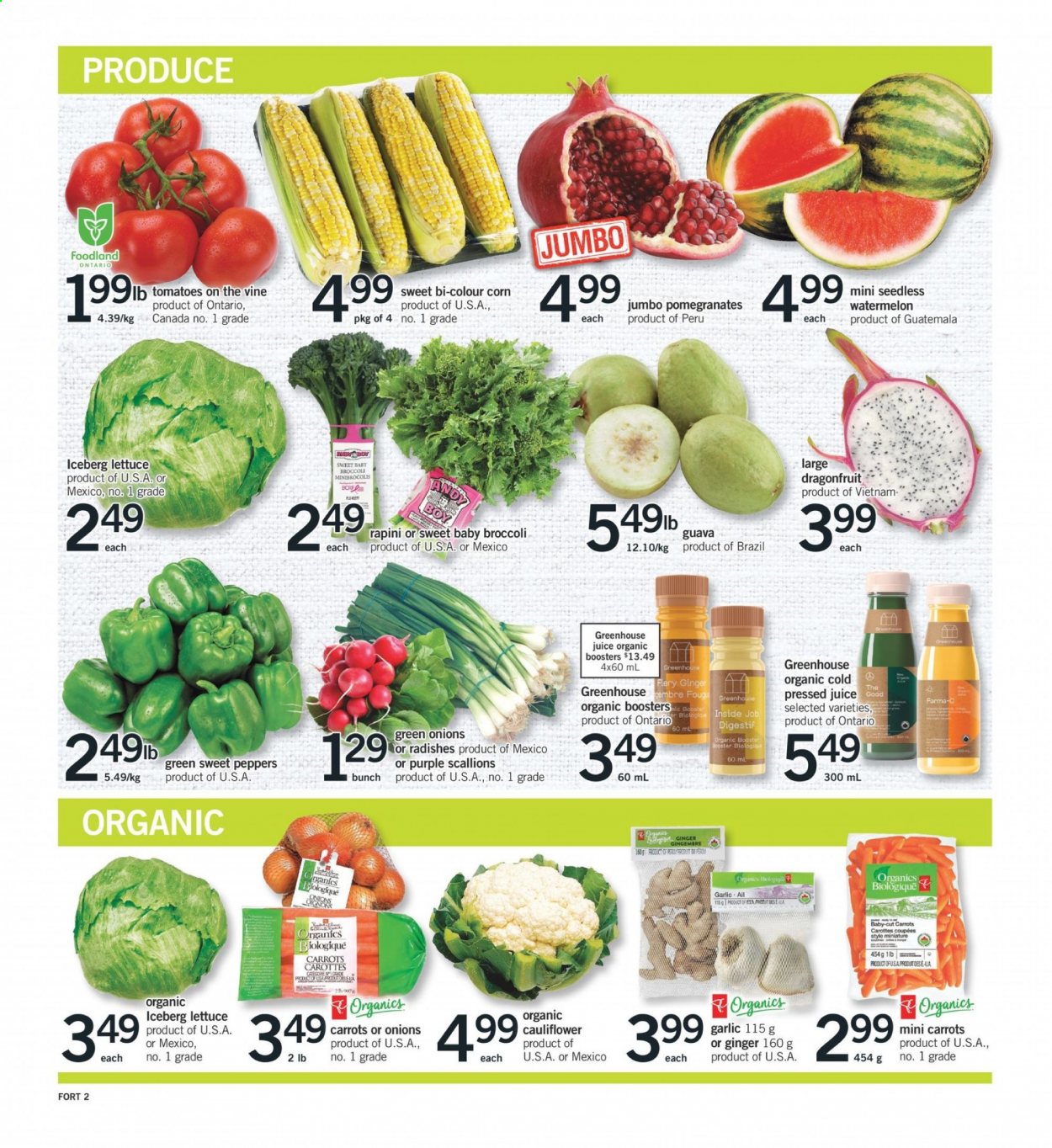 thumbnail - Fortinos Flyer - April 08, 2021 - April 14, 2021 - Sales products - broccoli, carrots, cauliflower, corn, garlic, ginger, radishes, sweet peppers, tomatoes, lettuce, peppers, green onion, guava, watermelon, pomegranate, juice, greenhouse. Page 2.