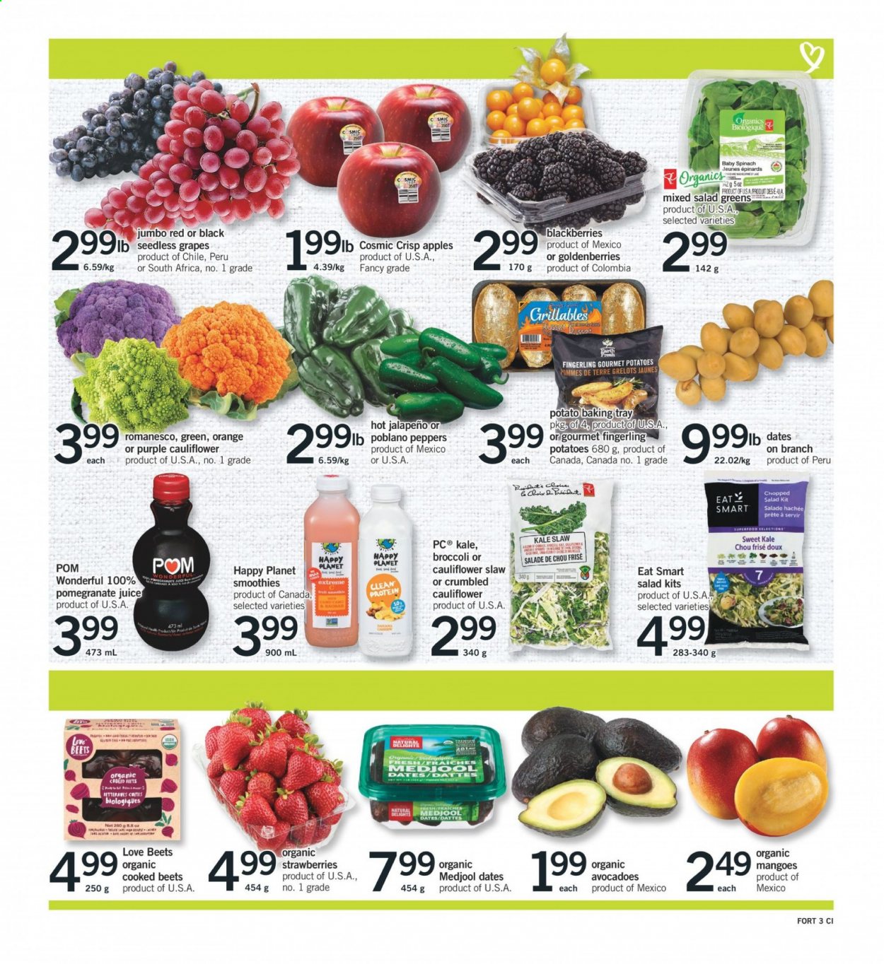 thumbnail - Fortinos Flyer - April 08, 2021 - April 14, 2021 - Sales products - broccoli, cauliflower, spinach, kale, potatoes, salad, salad greens, peppers, jalapeño, chopped salad, apples, blackberries, grapes, seedless grapes, strawberries, pomegranate, dried dates, juice, smoothie, baking tray. Page 3.