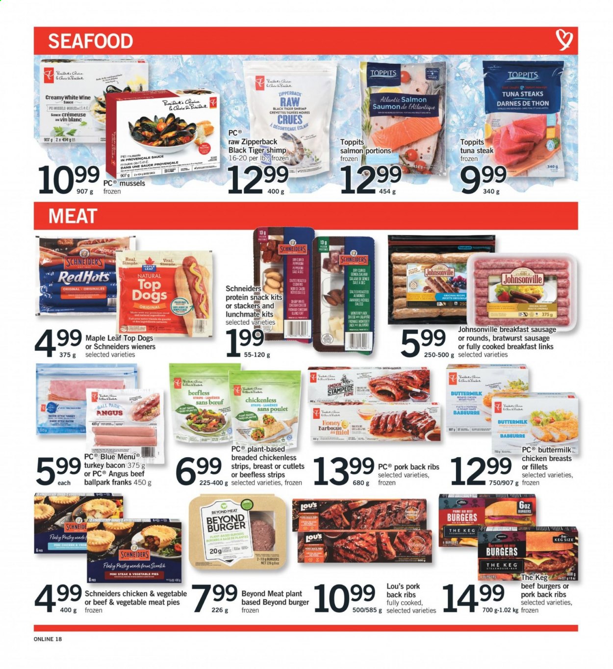 thumbnail - Fortinos Flyer - April 08, 2021 - April 14, 2021 - Sales products - jalapeño, mussels, salmon, tuna, seafood, shrimps, hamburger, sauce, beef burger, bacon, turkey bacon, Johnsonville, bratwurst, sausage, Monterey Jack cheese, cheddar, cheese, buttermilk, strips, snack, tuna steak, protein snack, honey, cashews, white wine, beef meat, pork meat, pork ribs, pork back ribs, Sharp, steak. Page 5.