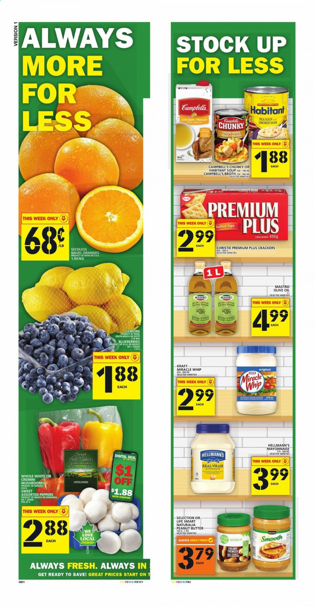 thumbnail - Food Basics Flyer - April 08, 2021 - April 14, 2021 - Sales products - mushrooms, peppers, blueberries, lemons, navel oranges, Campbell's, soup, noodles, Kraft®, ham, smoked ham, mayonnaise, Miracle Whip, Hellmann’s, crackers, broth, olive oil, oil, peanut butter, tea, XTRA, bag. Page 11.