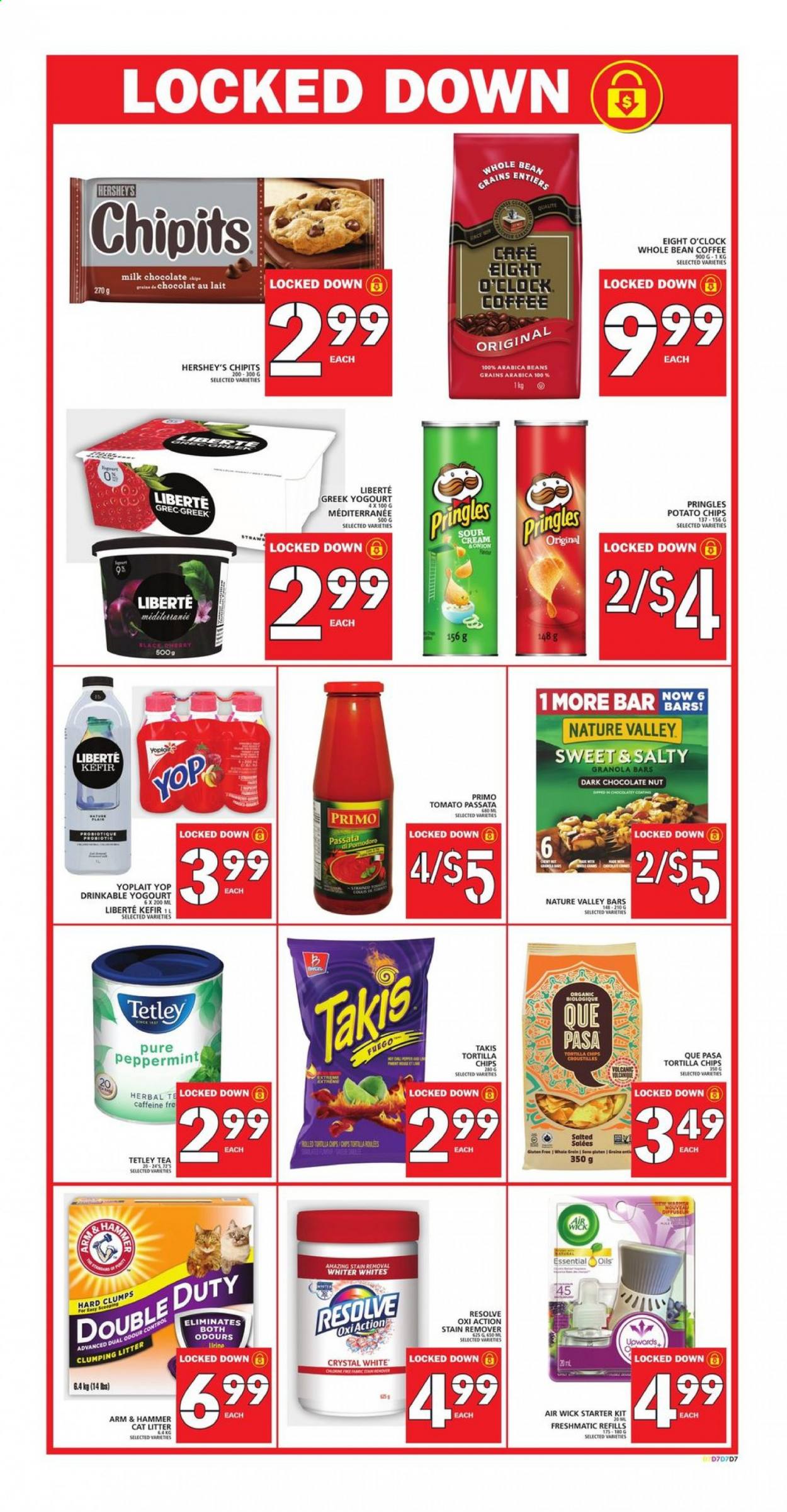 thumbnail - Food Basics Flyer - April 08, 2021 - April 14, 2021 - Sales products - onion, Yoplait, kefir, Hershey's, milk chocolate, chocolate, dark chocolate, tortilla chips, potato chips, Pringles, ARM & HAMMER, tomato sauce, granola bar, Nature Valley, tea, coffee, arabica beans, Eight O'Clock, stain remover, straw, Air Wick, essential oils, cat litter, chips. Page 8.
