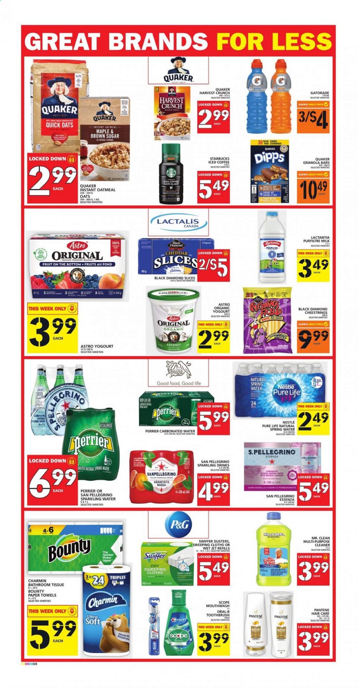 thumbnail - Food Basics Flyer - April 08, 2021 - April 14, 2021 - Sales products - pomegranate, Quaker, string cheese, cheddar, cheese, milk, Bounty, oatmeal, oats, granola bar, Quick Oats, Good Life, caramel, Perrier, Gatorade, spring water, sparkling water, San Pellegrino, iced coffee, Starbucks, bath tissue, kitchen towels, paper towels, Charmin, cleaner, Swiffer, Jet, toothbrush, mouthwash, Crest, Nestlé, Pantene, Oral-B. Page 9.