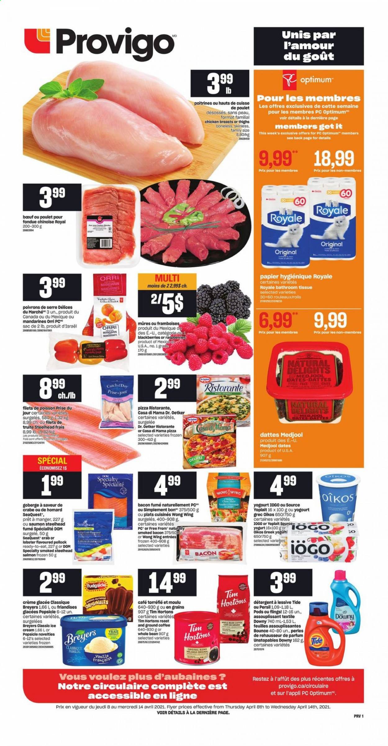 thumbnail - Provigo Flyer - April 08, 2021 - April 14, 2021 - Sales products - blackberries, mandarines, lobster, salmon, pollock, crab, pizza, bacon, Dr. Oetker, greek yoghurt, yoghurt, Oikos, Yoplait, ice cream, dried dates, coffee, ground coffee, chicken breasts, bath tissue, Tide, Unstopables, Persil, Bounce. Page 1.