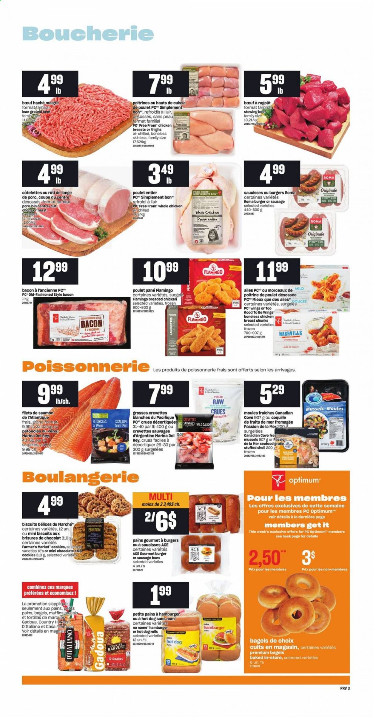 thumbnail - Provigo Flyer - April 08, 2021 - April 14, 2021 - Sales products - bagels, tortillas, hot dog rolls, buns, Ace, muffin, mussels, scallops, seafood, No Name, hamburger, fried chicken, bacon, sausage, Country Harvest, cookies, biscuit, whole chicken, chicken, beef meat, ground beef, stewing beef, pork loin, pork meat. Page 4.