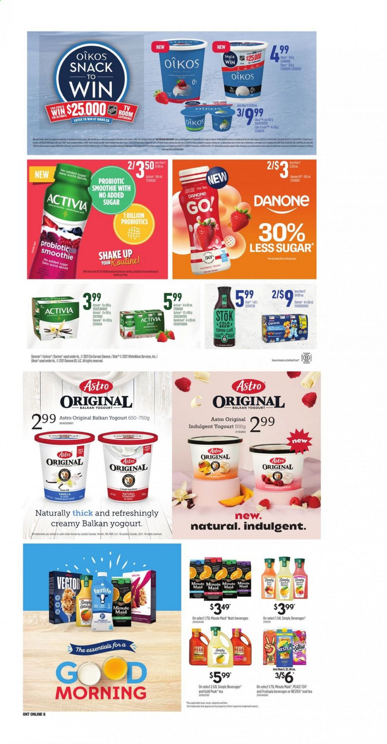 thumbnail - Loblaws Flyer - April 08, 2021 - April 14, 2021 - Sales products - Activia, Oikos, shake, snack, ice tea, fruit punch, smoothie, gelatin, probiotics, Go!, Danone. Page 12.