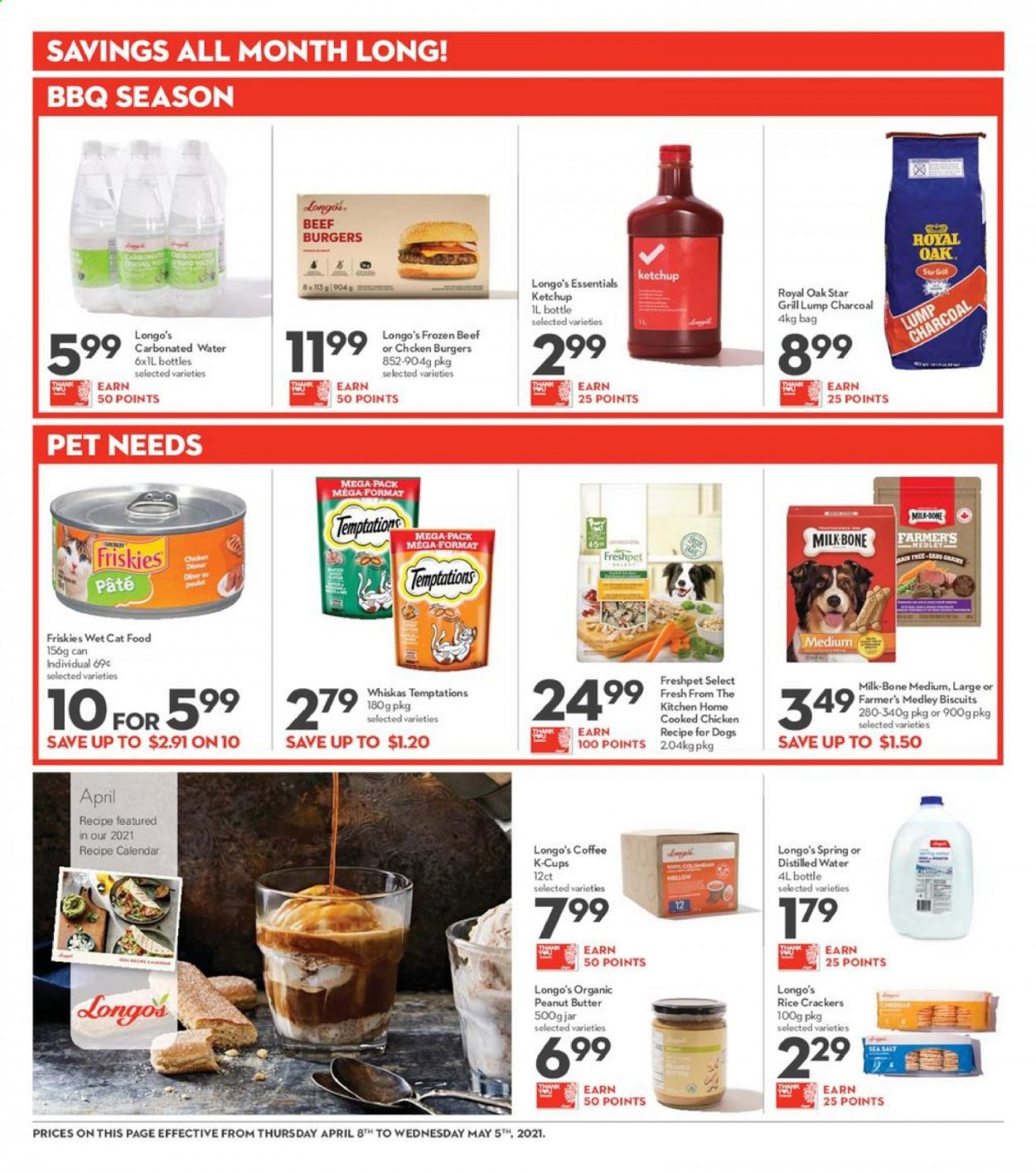thumbnail - Longo's Flyer - April 08, 2021 - April 21, 2021 - Sales products - hamburger, beef burger, milk, crackers, biscuit, rice crackers, peanut butter, coffee, coffee capsules, K-Cups, bag. Page 16.
