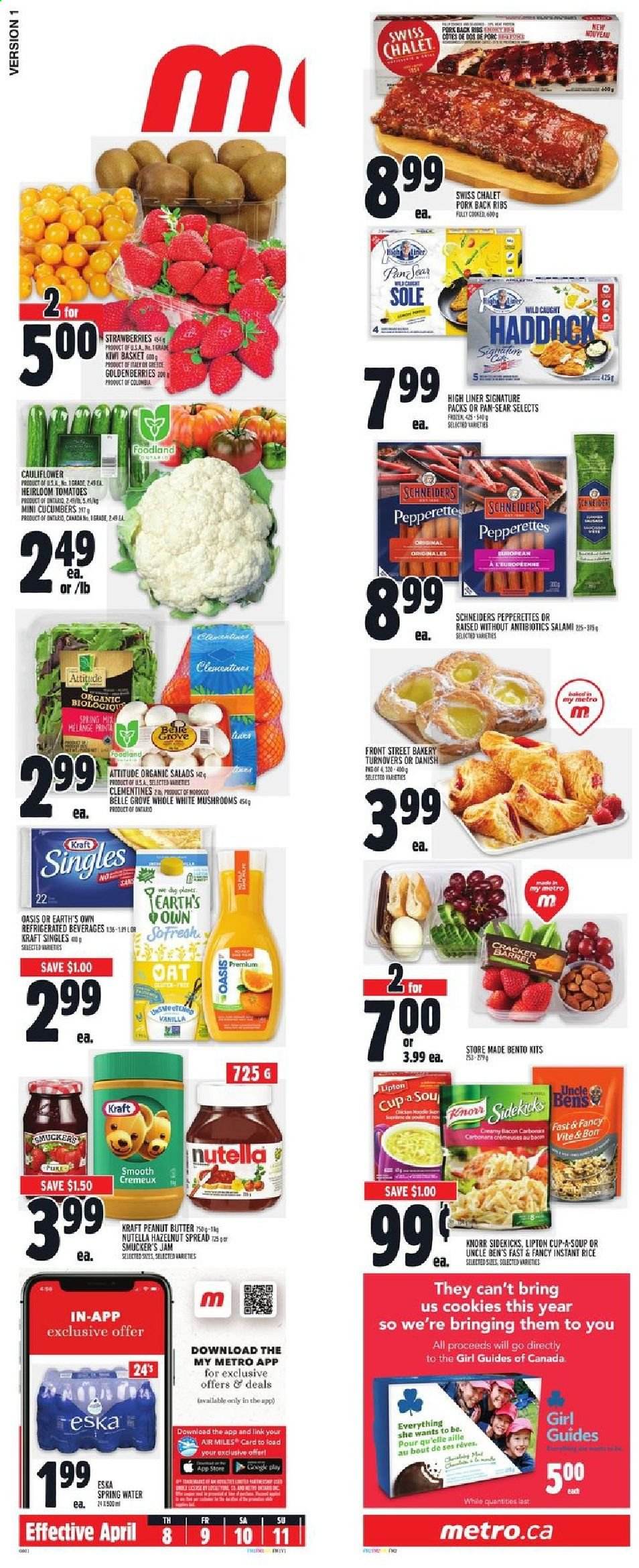 thumbnail - Metro Flyer - April 08, 2021 - April 14, 2021 - Sales products - mushrooms, turnovers, cauliflower, cucumber, tomatoes, salad, clementines, strawberries, soup, Kraft®, bacon, salami, sandwich slices, Kraft Singles, cookies, oats, Uncle Ben's, rice, fruit jam, peanut butter, hazelnut spread, spring water, pork meat, pork ribs, pork back ribs, pan, cup, Knorr, kiwi, Nutella. Page 17.