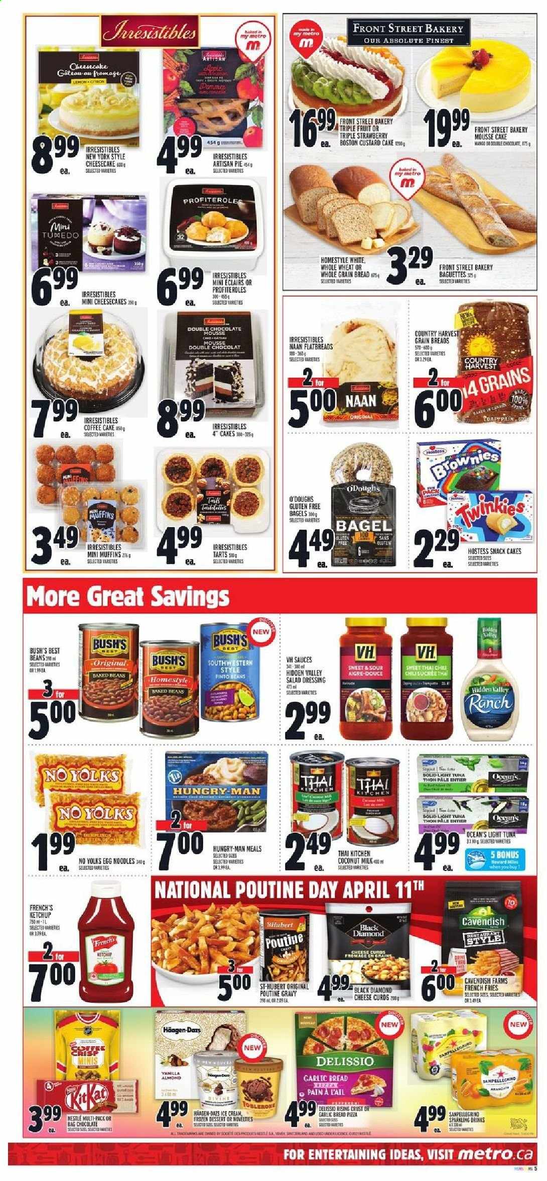 thumbnail - Metro Flyer - April 08, 2021 - April 14, 2021 - Sales products - bagels, bread, cake, pie, brownies, muffin, coffee cake, custard cake, mango, tuna, noodles, cheese curd, ice cream, Häagen-Dazs, Country Harvest, potato fries, french fries, snack, Toblerone, coconut milk, pinto beans, light tuna, baked beans, egg noodles, salad dressing, dressing, Absolute, Nestlé. Page 6.