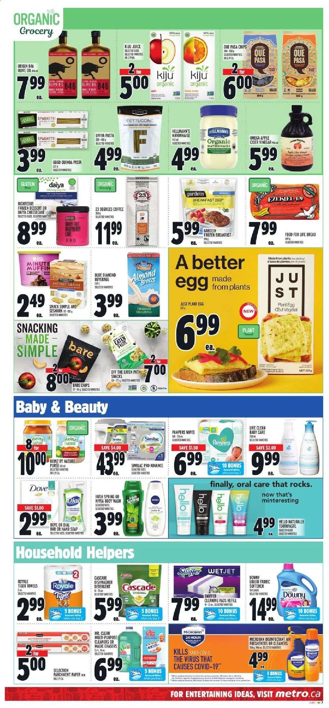 thumbnail - Metro Flyer - April 08, 2021 - April 14, 2021 - Sales products - cheesecake, muffin, spaghetti, pasta, Almond Breeze, eggs, mayonnaise, Hellmann’s, snack, Heinz, apple cider vinegar, Blue Diamond, juice, coffee, Similac, wipes, Swiffer, Rin, Cascade, body wash, hand soap, Dial, soap, WetJet, paper, air freshener, towel, quinoa, Pampers, Nivea, desinfection. Page 11.